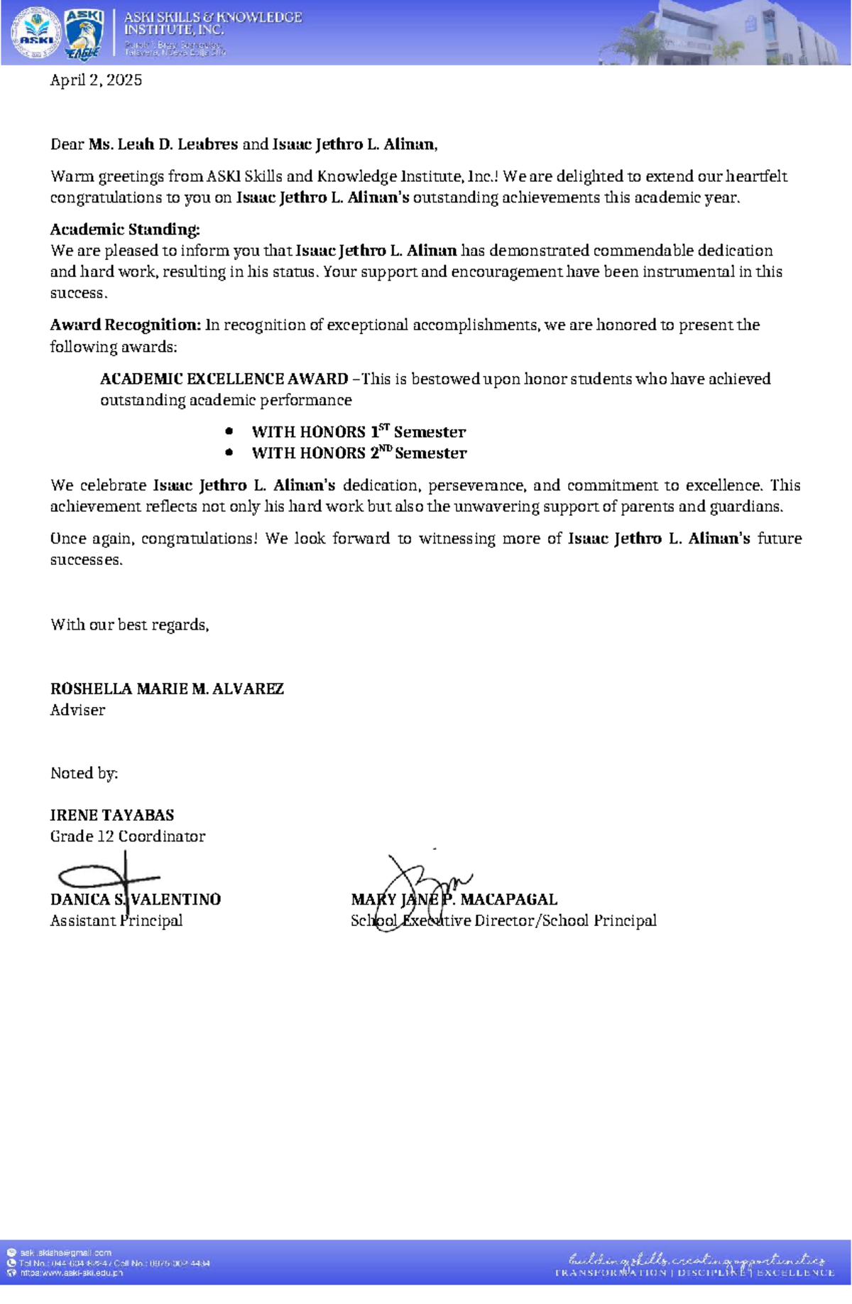Congratulatory Letters for Academic Excellence - ASKI SKI Grade 12 ...