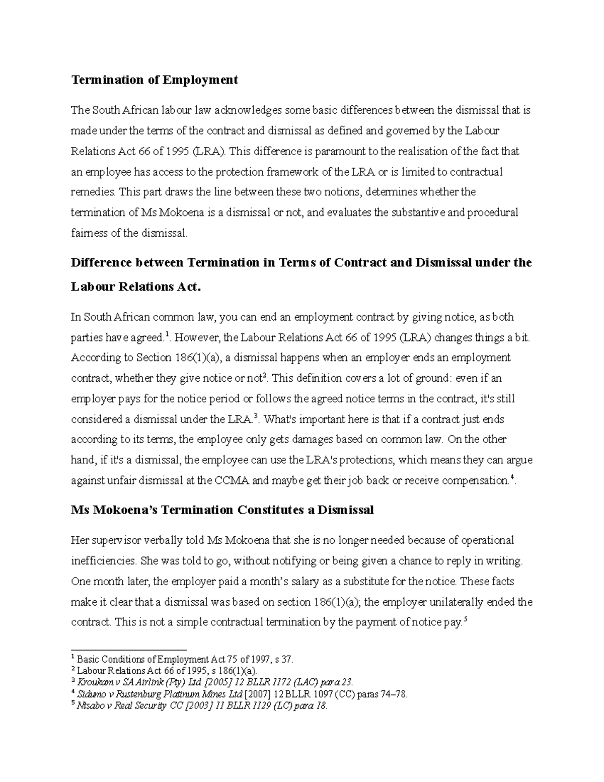 Labour Law Assignment: Termination of Employment & Dismissal Analysis ...