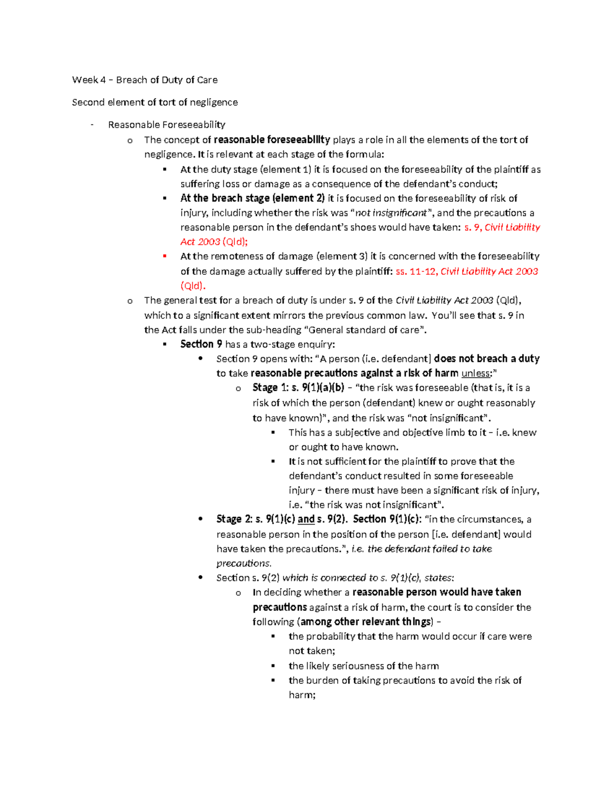 Week 4 - Breach of Duty of Care in Tort of Negligence Explained - Studocu
