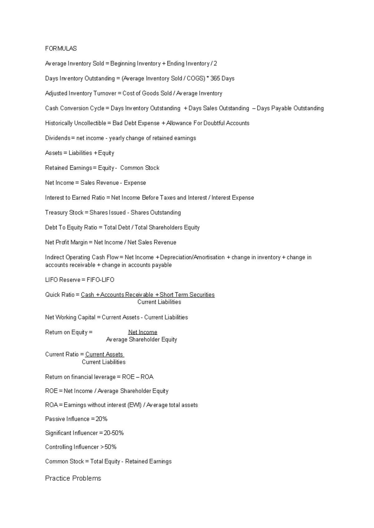 FPA Study Guide - FORMULAS Average Inventory Sold = Beginning Inventory ...