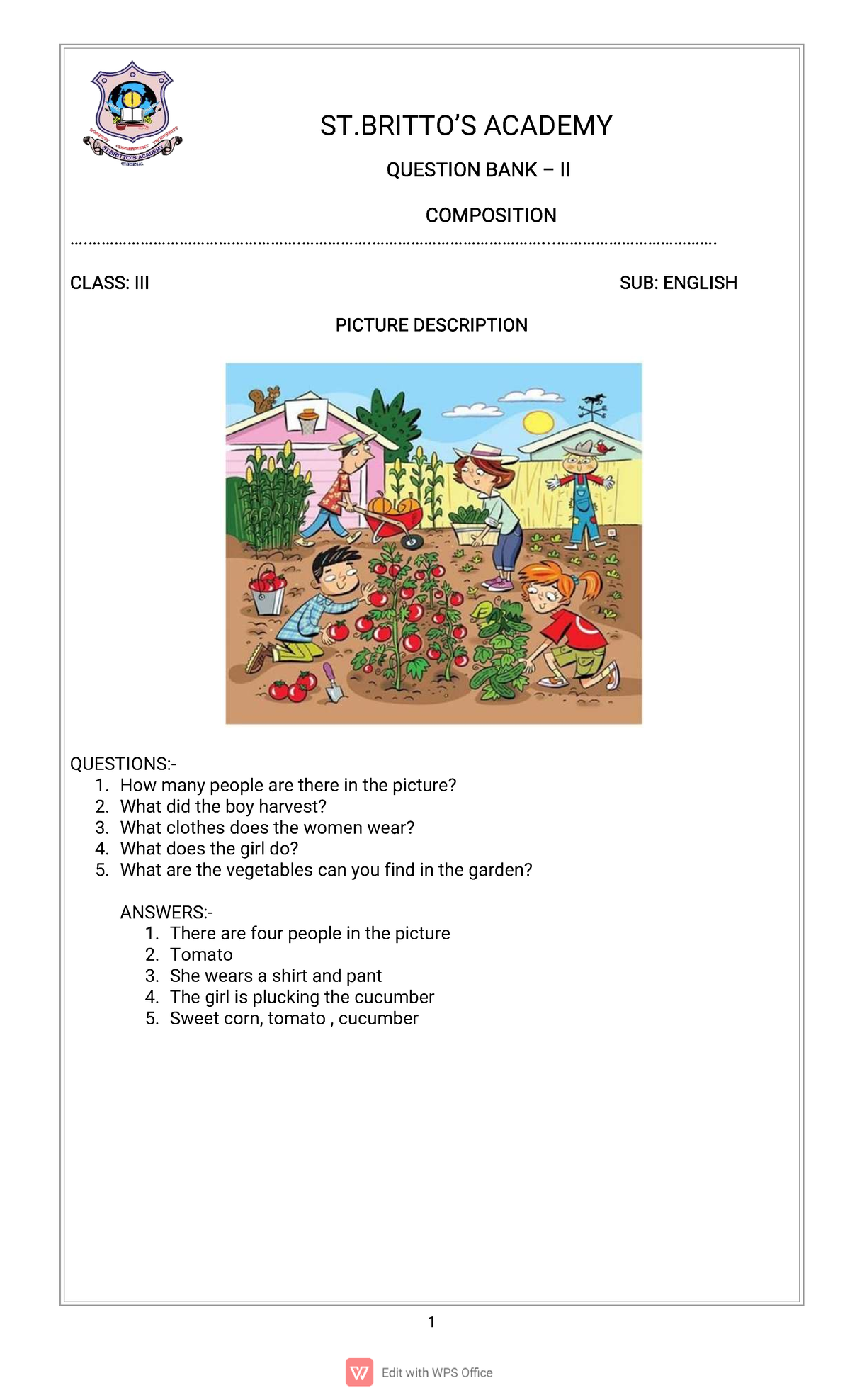 Class III - QB II - Composition Picture Description Questions - Studocu