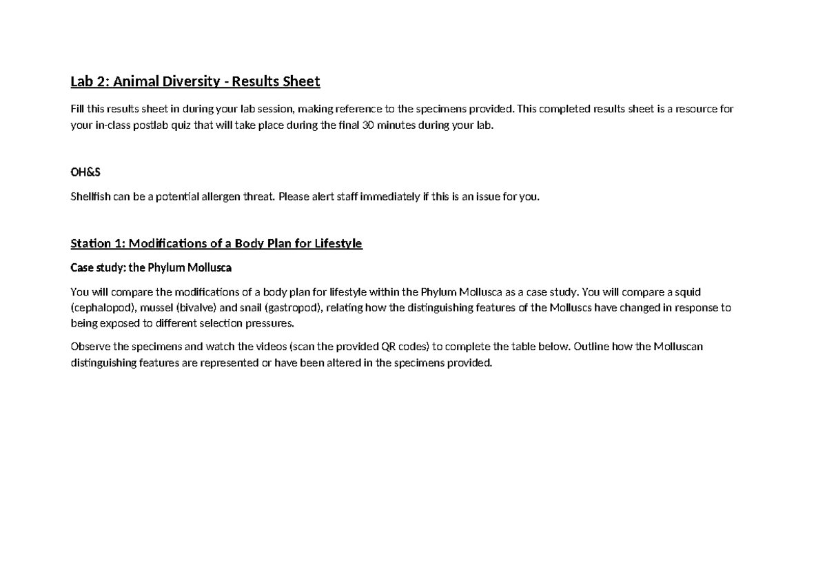 BIO1022 - Lab 2 Animal Diversity Results Sheet Final 2023 - Lab 2 ...