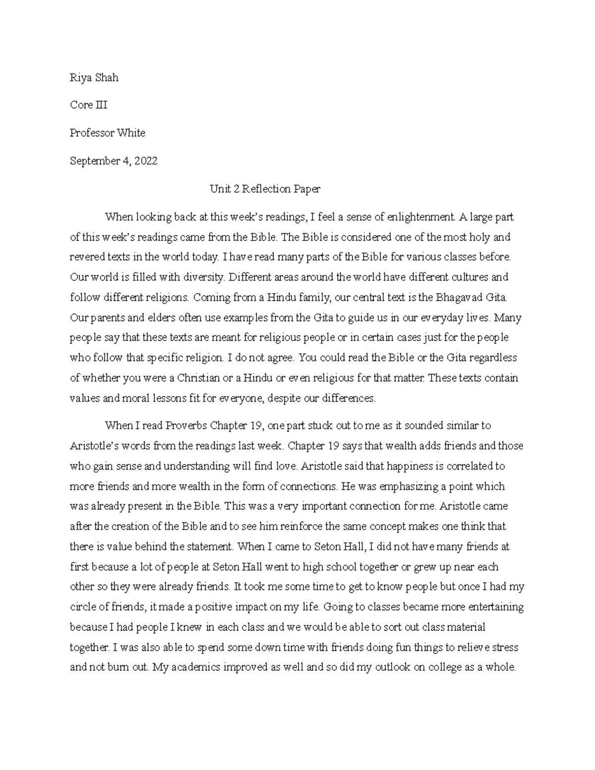 Unit 2 Reflection Paper - Core III (Prof. White) Insights on Love ...