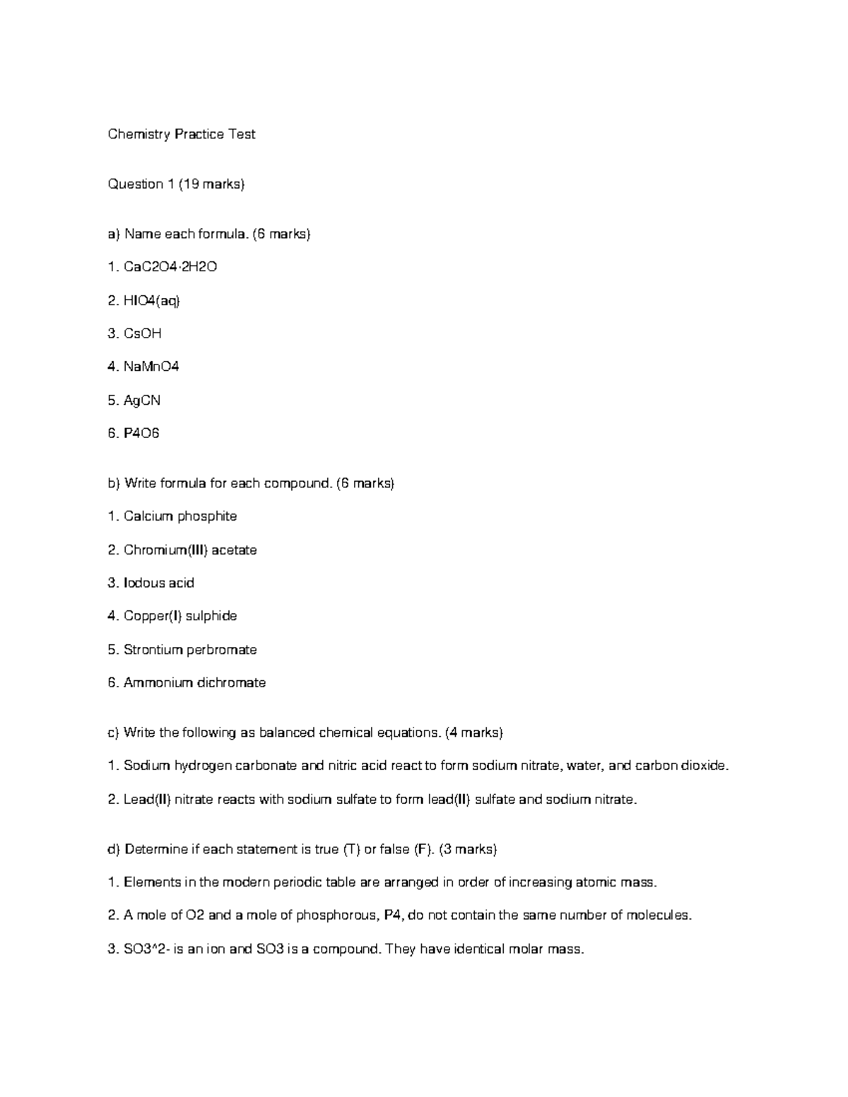 Chemistry Practice Test (CHEM 101) - Questions & Solutions - Studocu