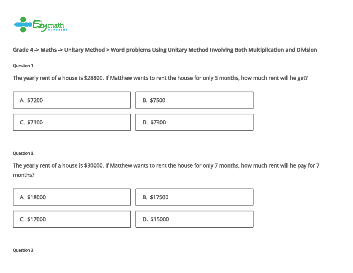 Year 4 - Maths Worksheet - Unitary Method - Word problems Using Unitary ...