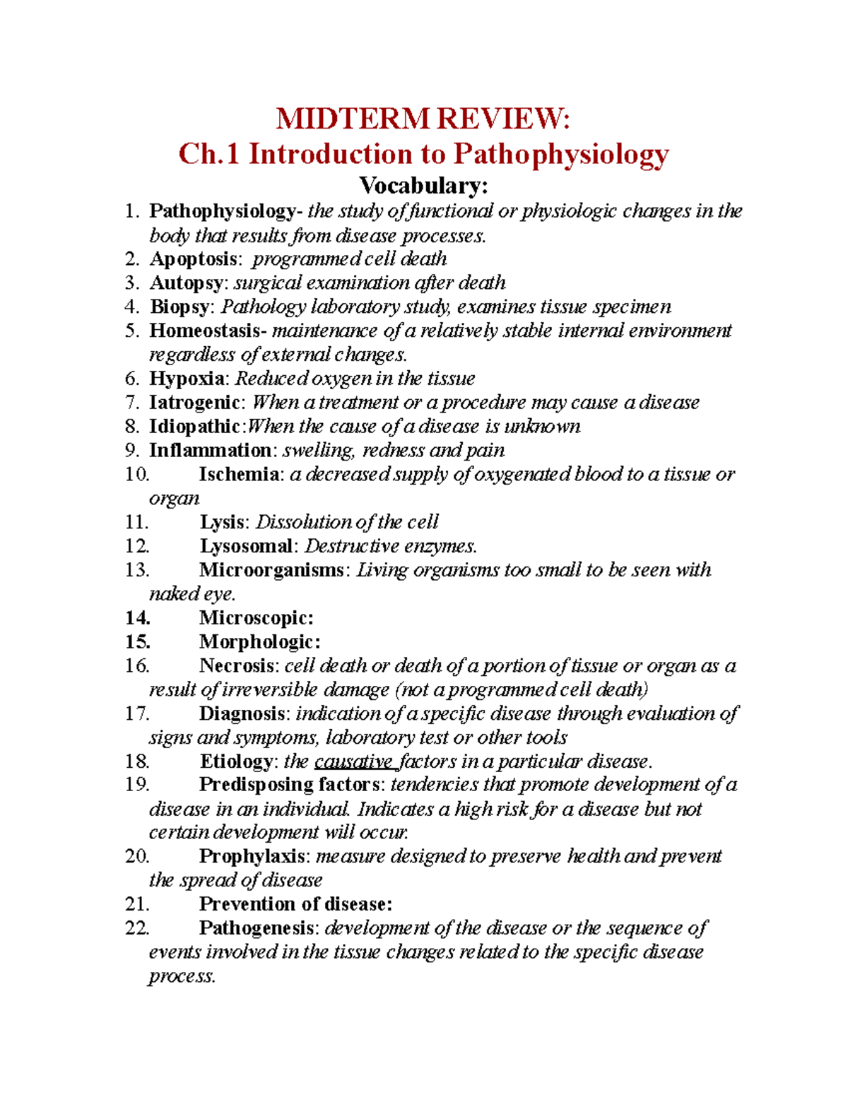 Patho 101: Midterm Study Guide on Key Concepts and Terminology - Studocu