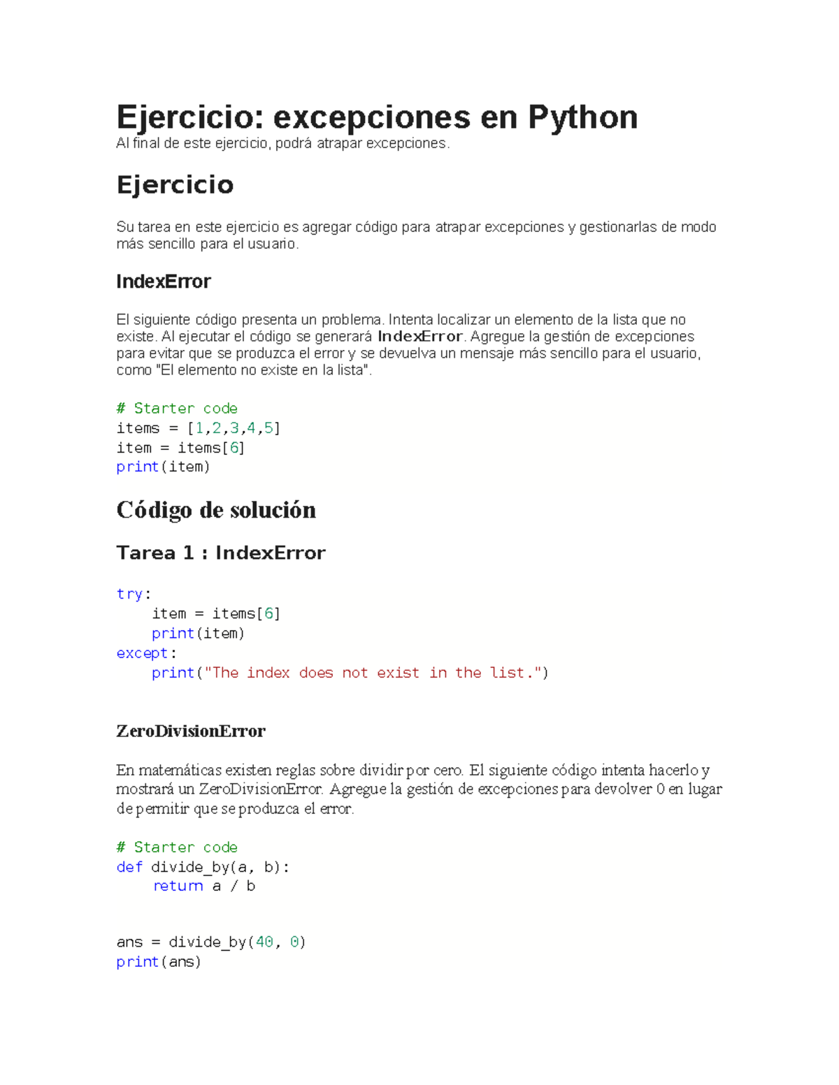 Ejercicio: Manejo de Excepciones en Python - Studocu