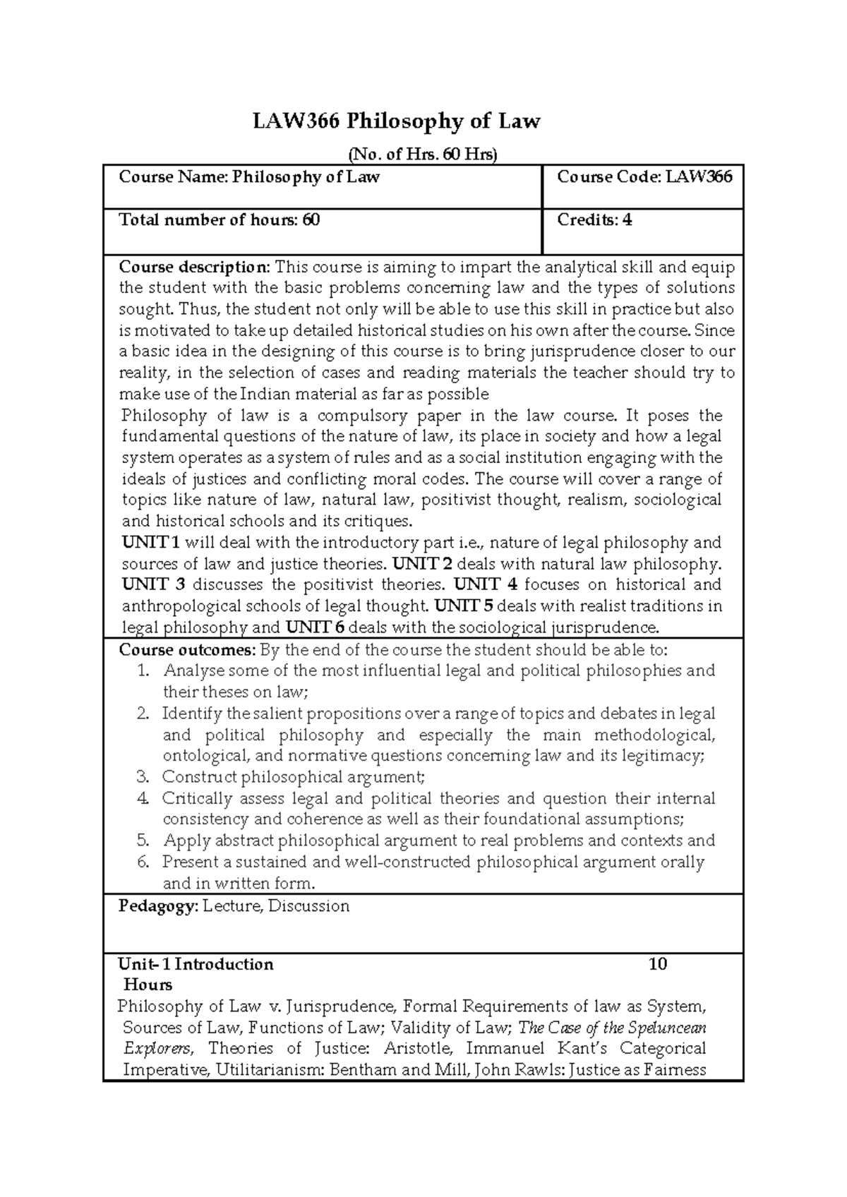 LAW366 Philosophy of Law Syllabus Overview 2025-26 - Studocu