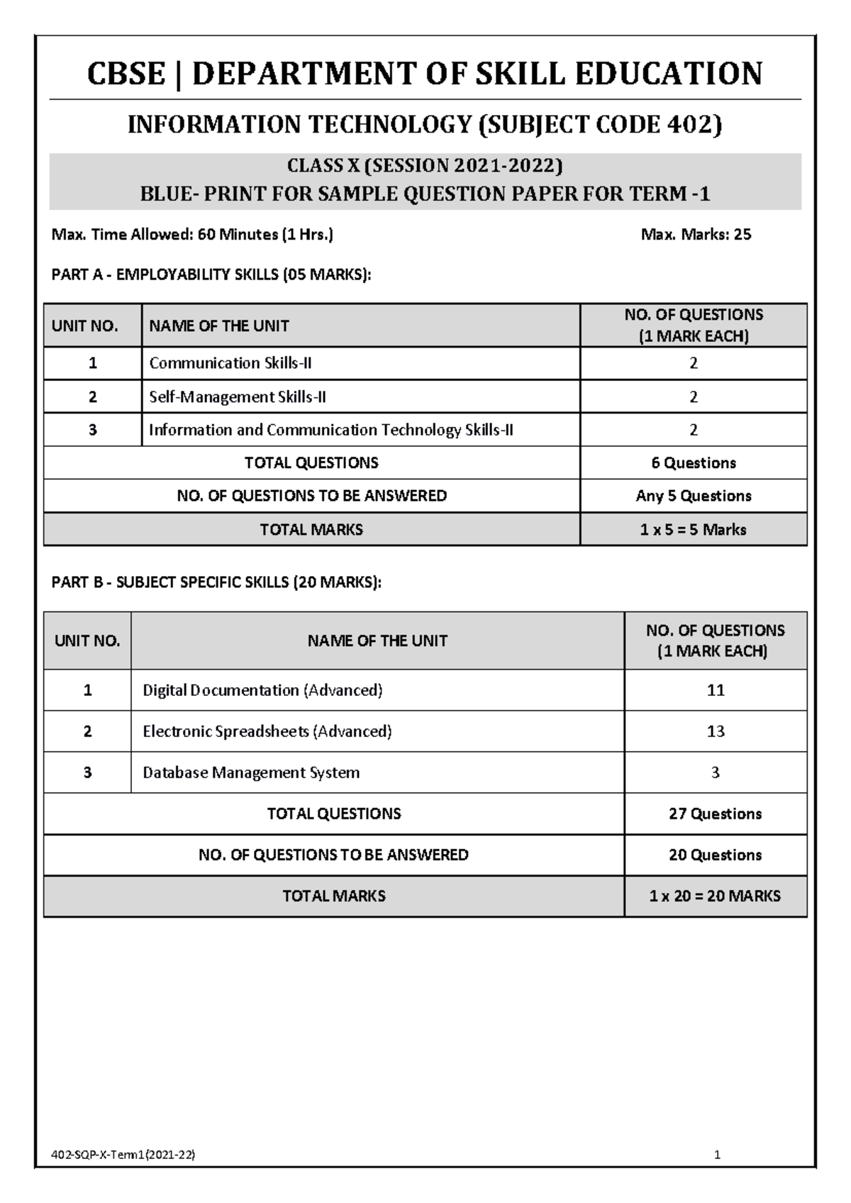 CBSE Class X Information Technology (402) Sample Question Paper T1 ...