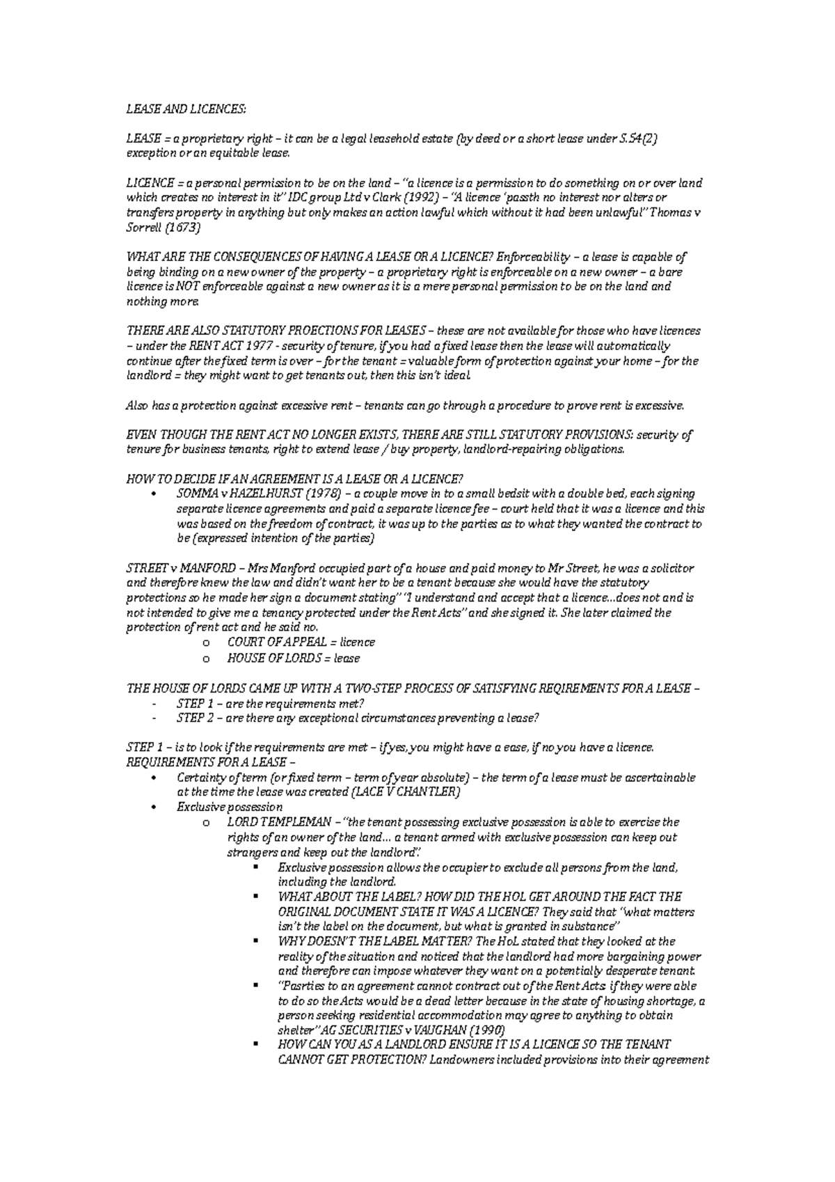Understanding the Lease vs Licence Distinction in Property Law - Studocu