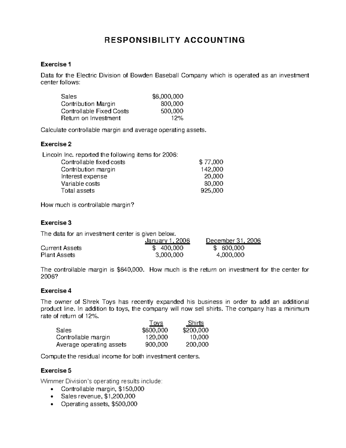 ACC108 008 Responsibility Accounting Exercises and Problems - Studocu