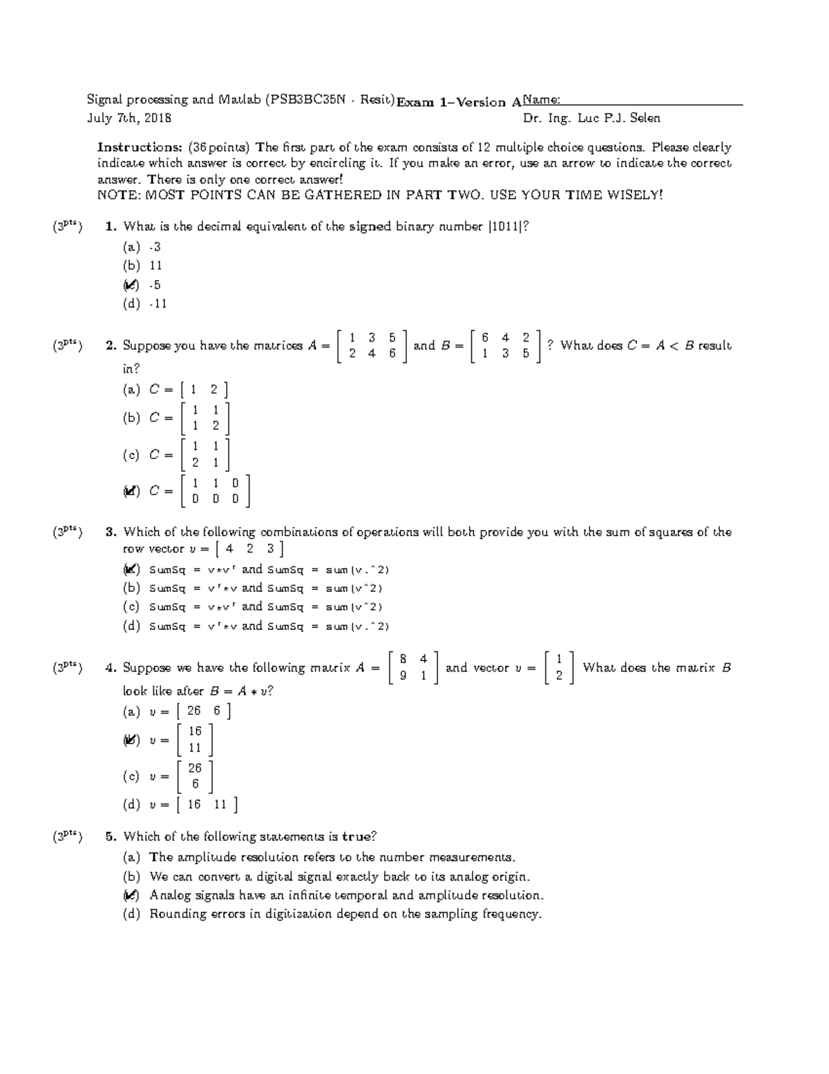 Matlab Resit Exam 2017 Solutions for PSB3BC35N - Version A - Studeersnel