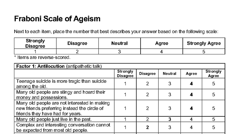 Fraboni Scale of Ageism: Survey Items and Responses - Studocu