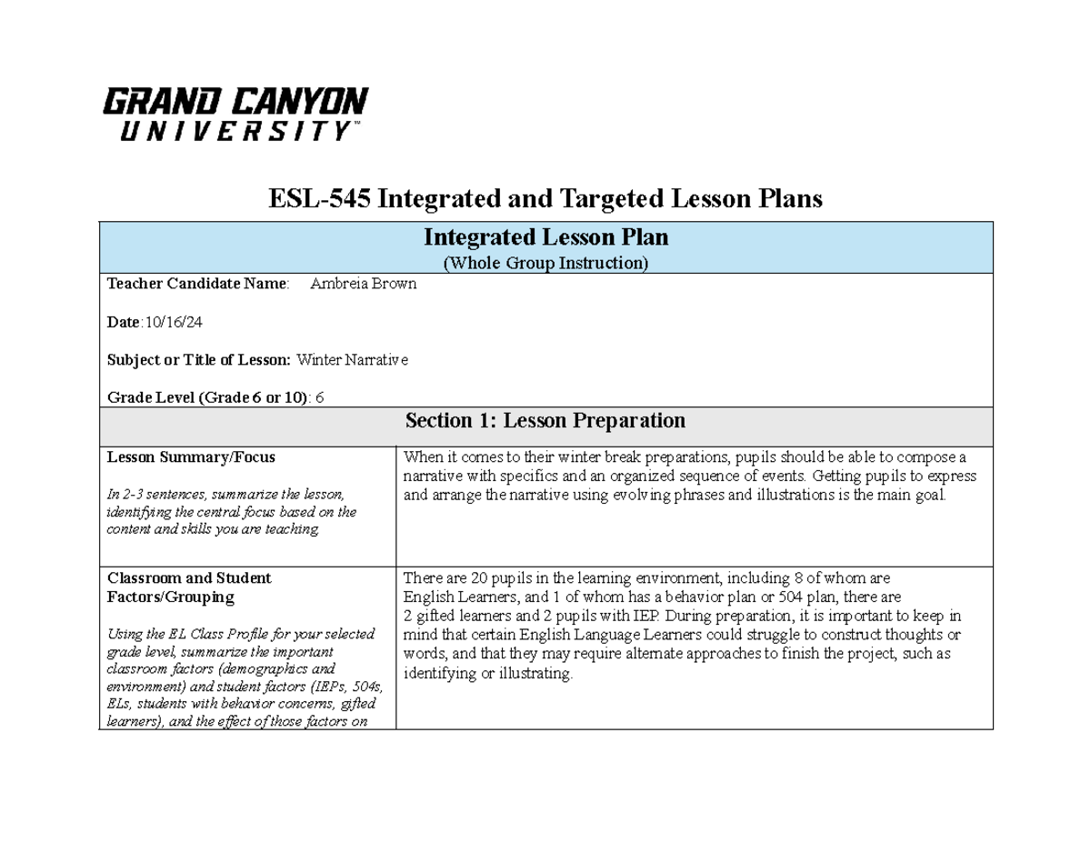 ESL-545-RS-T4-Winter Narrative Integrated Lesson Plan for Grade 6 - Studocu