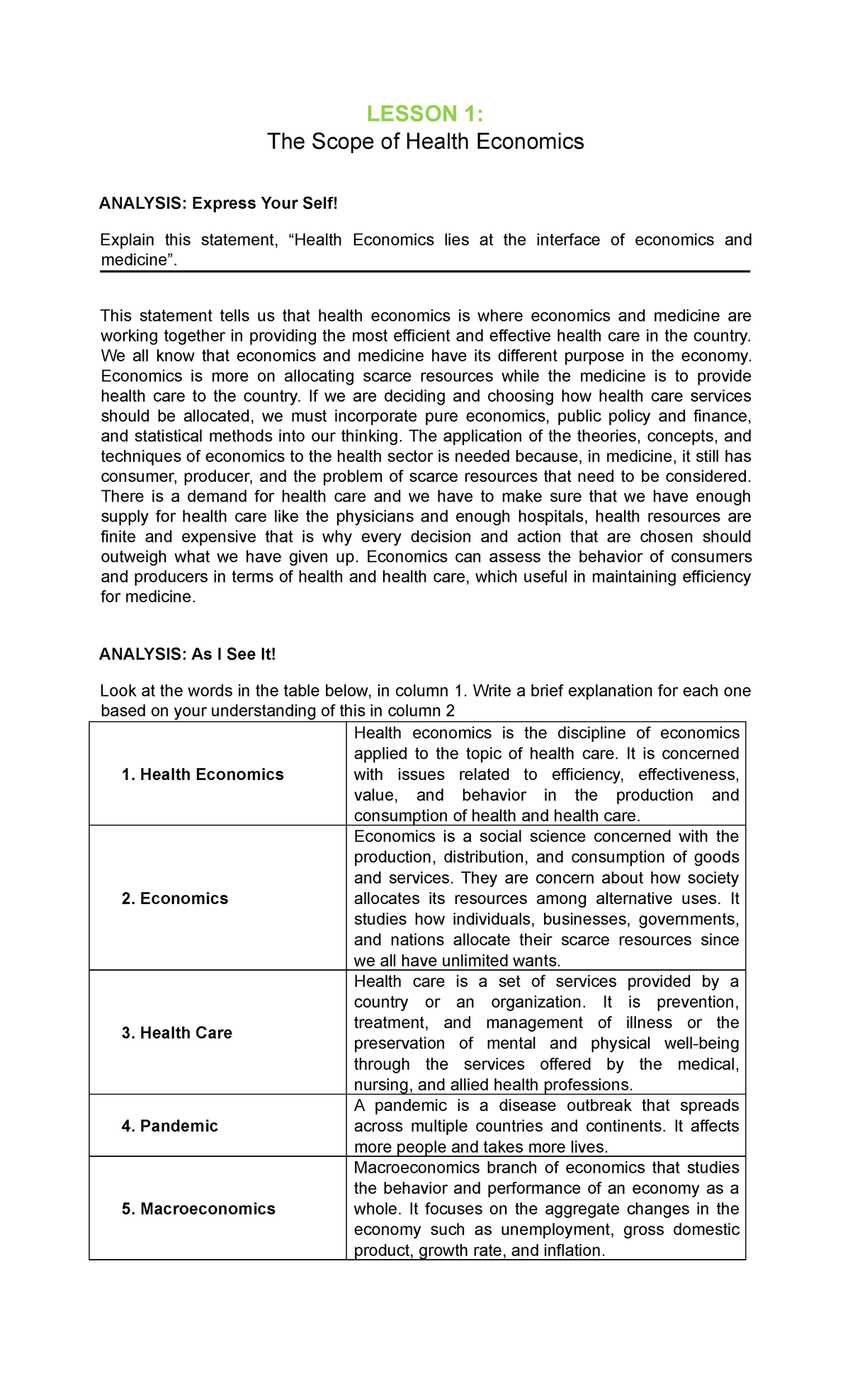 M1L1 Lesson on the Scope and Impact of Health Economics - Studocu