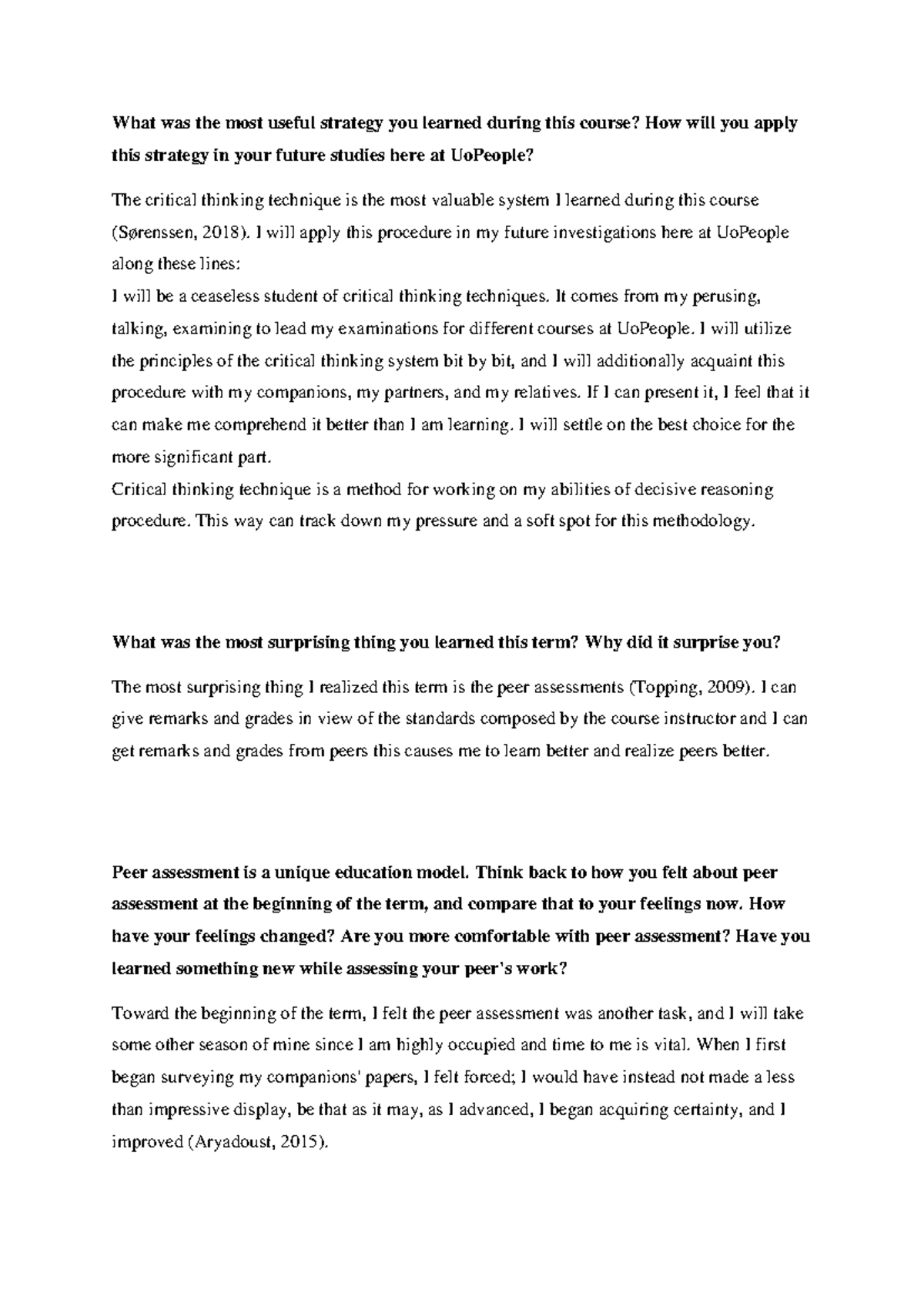LJ Unit 8 - Critical Thinking and Peer Assessments Reflection - Studocu