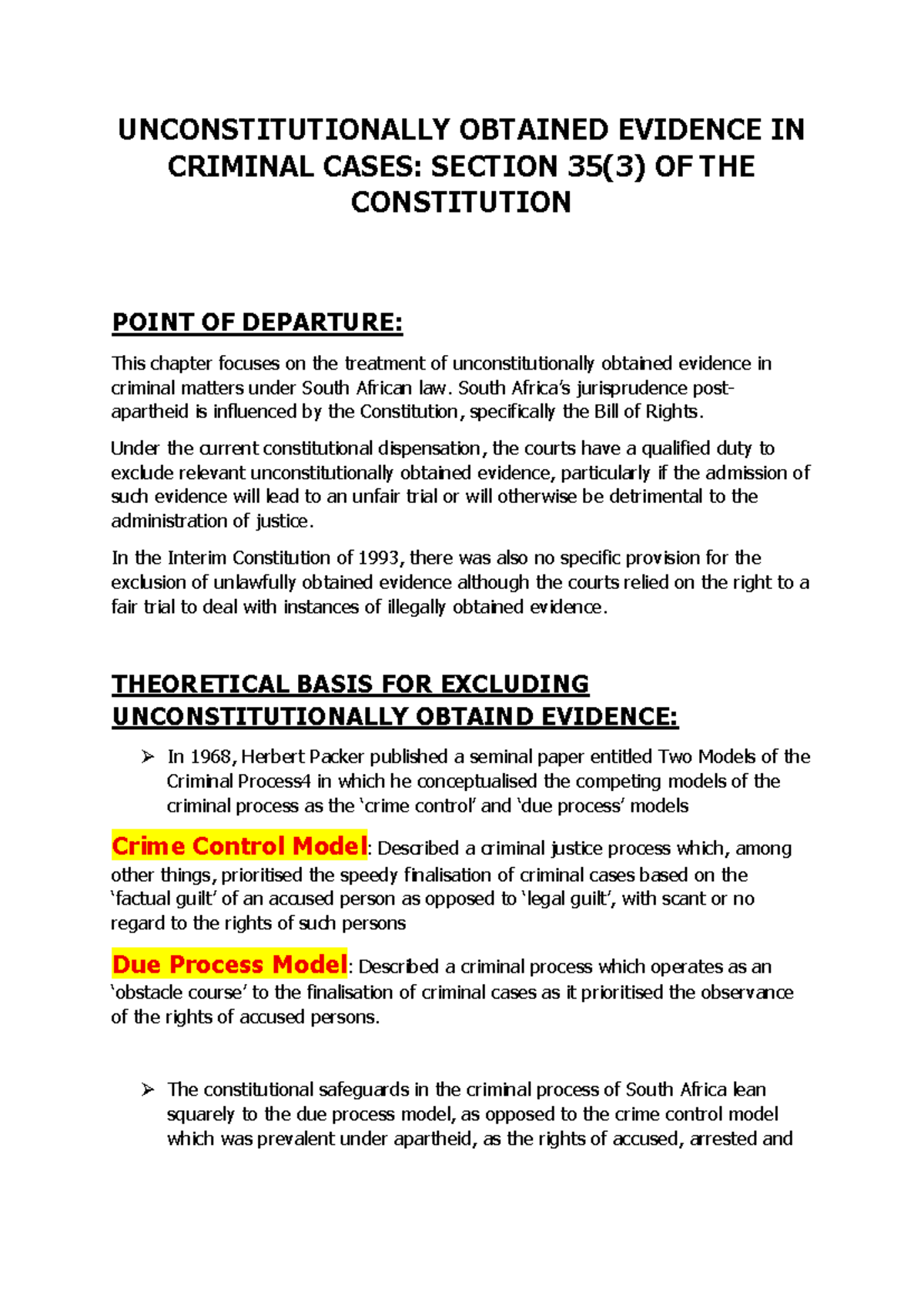 Unconstitutionally Obtained Evidence in Criminal Cases: Section 35(5 ...