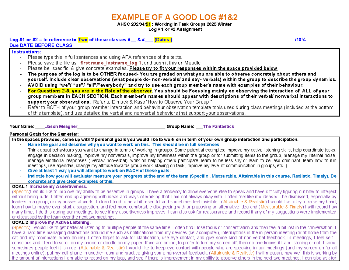 Example OF A GOOD LOG 1-2 Assignment AHSC 232 Winter 2025 - EXAMPLE OF ...