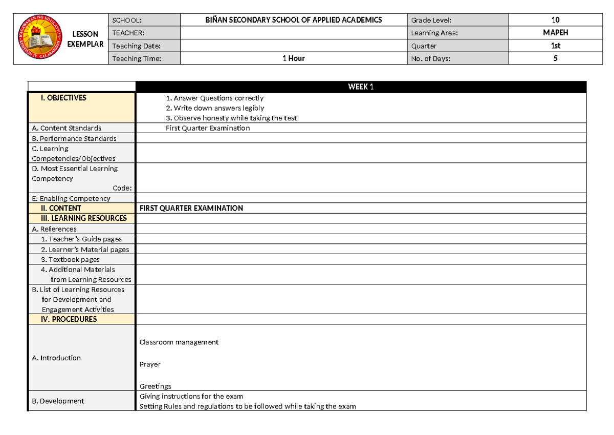 Lesson: Exemplar 10th Grade MAPEH 1st Quarter Examination Guide - Studocu