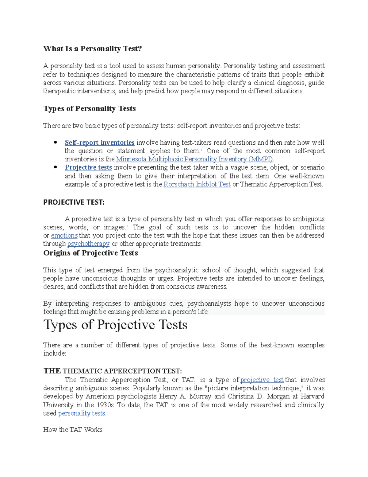 Personality Test Overview: Types, Uses, and Projective Methods - Studocu