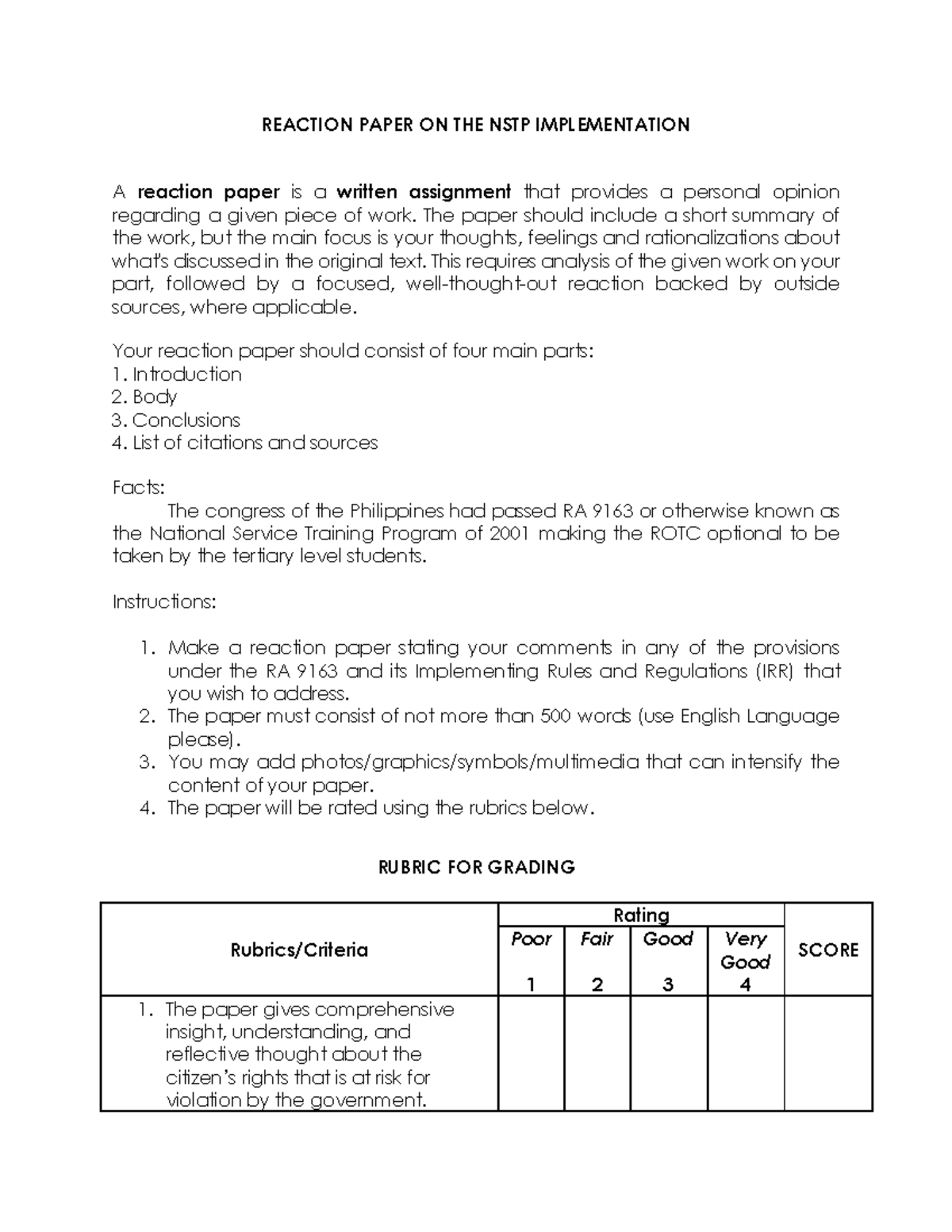 CWTS 11 Rubric for NSTP Implementation Reaction Paper - REACTION PAPER ...