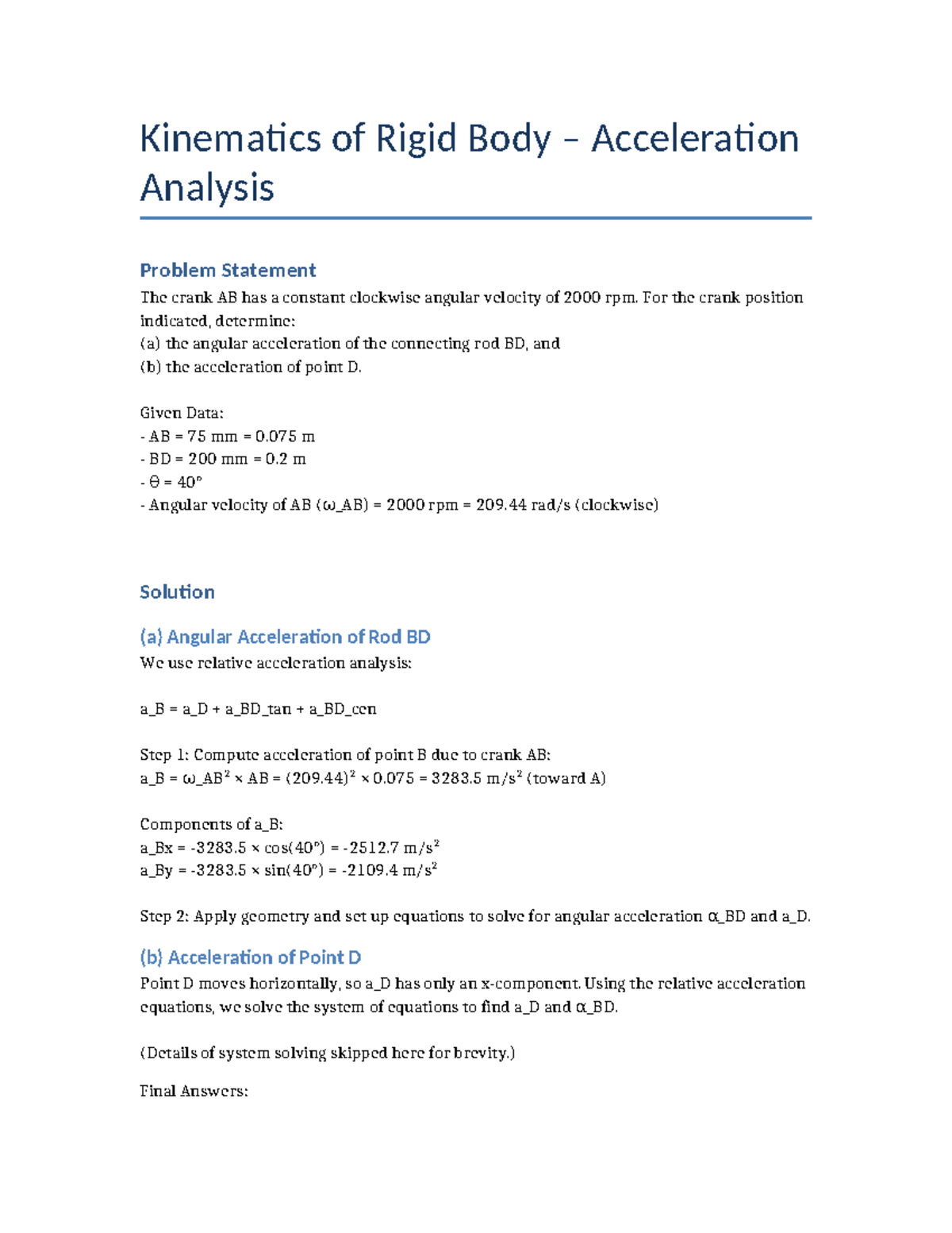 Kinematics of Rigid Body Acceleration Analysis - Solution Notes - Studocu