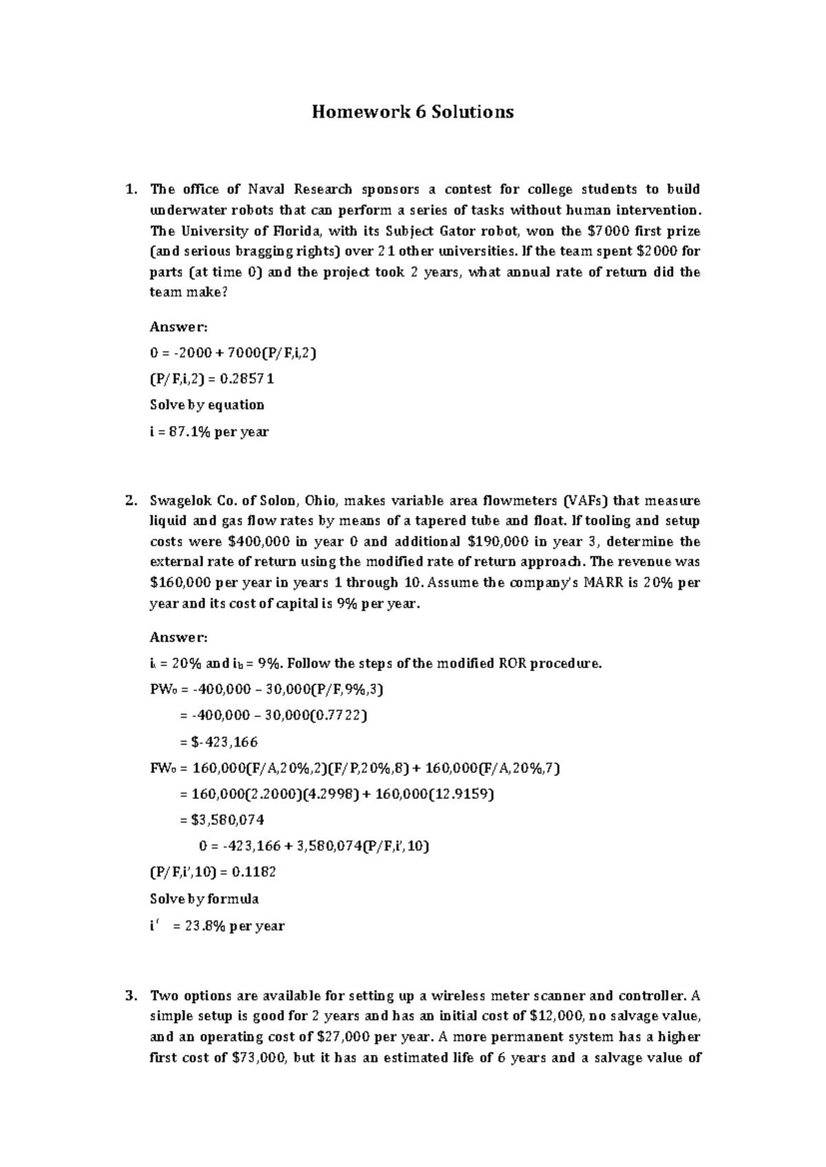 Homework 6 Solutions: Financial Analysis of Engineering Projects - Studocu