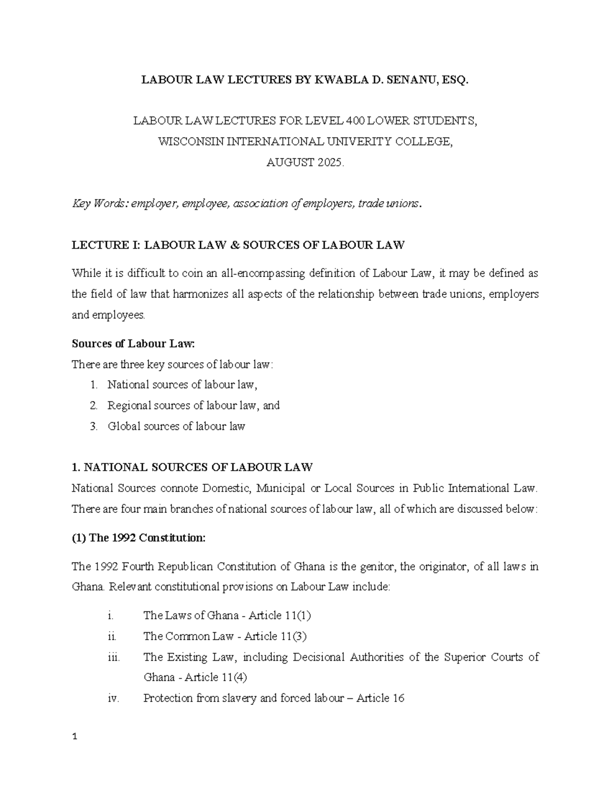 Labour Law I Lecture Notes (KDS) for Level 400 Students - August 2025 ...