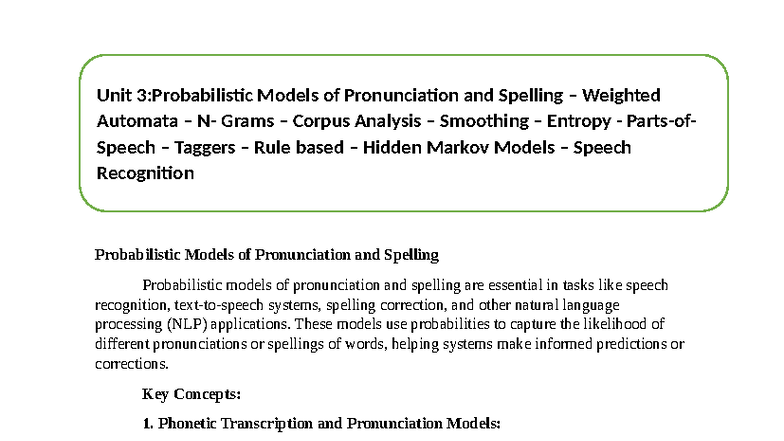 Unit 3: Probabilistic Models in NLP - Detailed Notes on Speech ...
