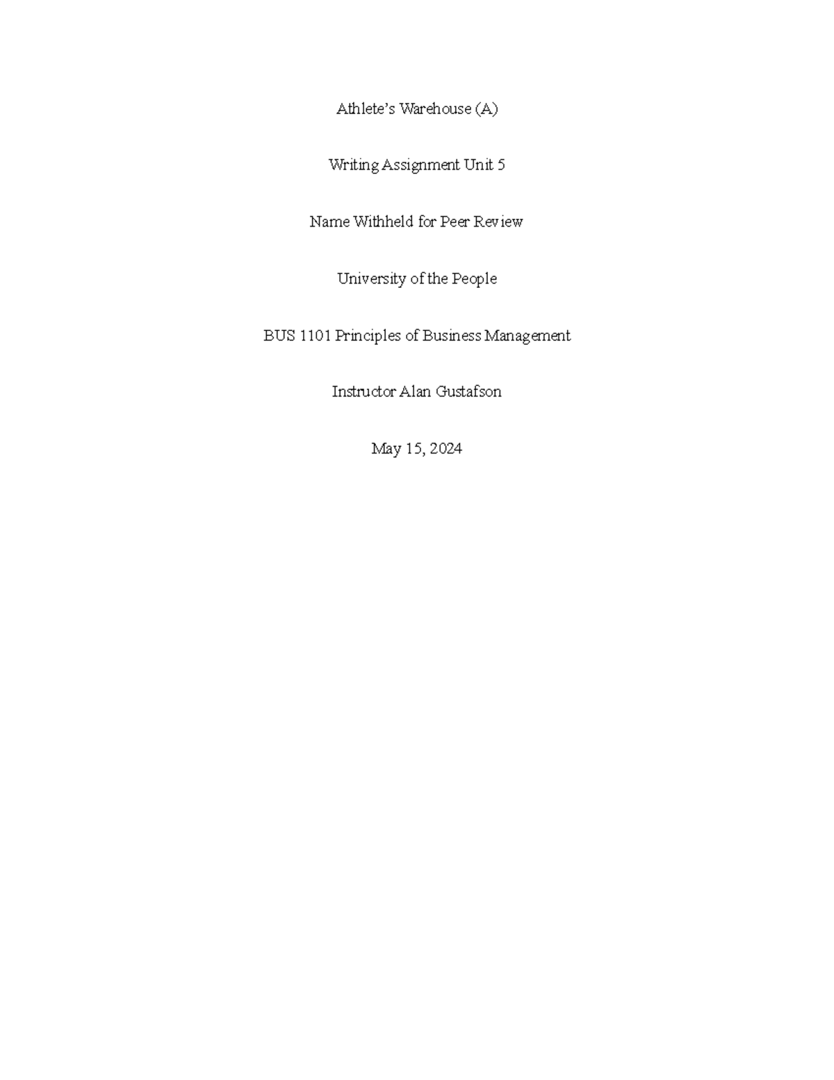 BUS 1101 Introduction to the Principles of Management WA Unit 5 ...