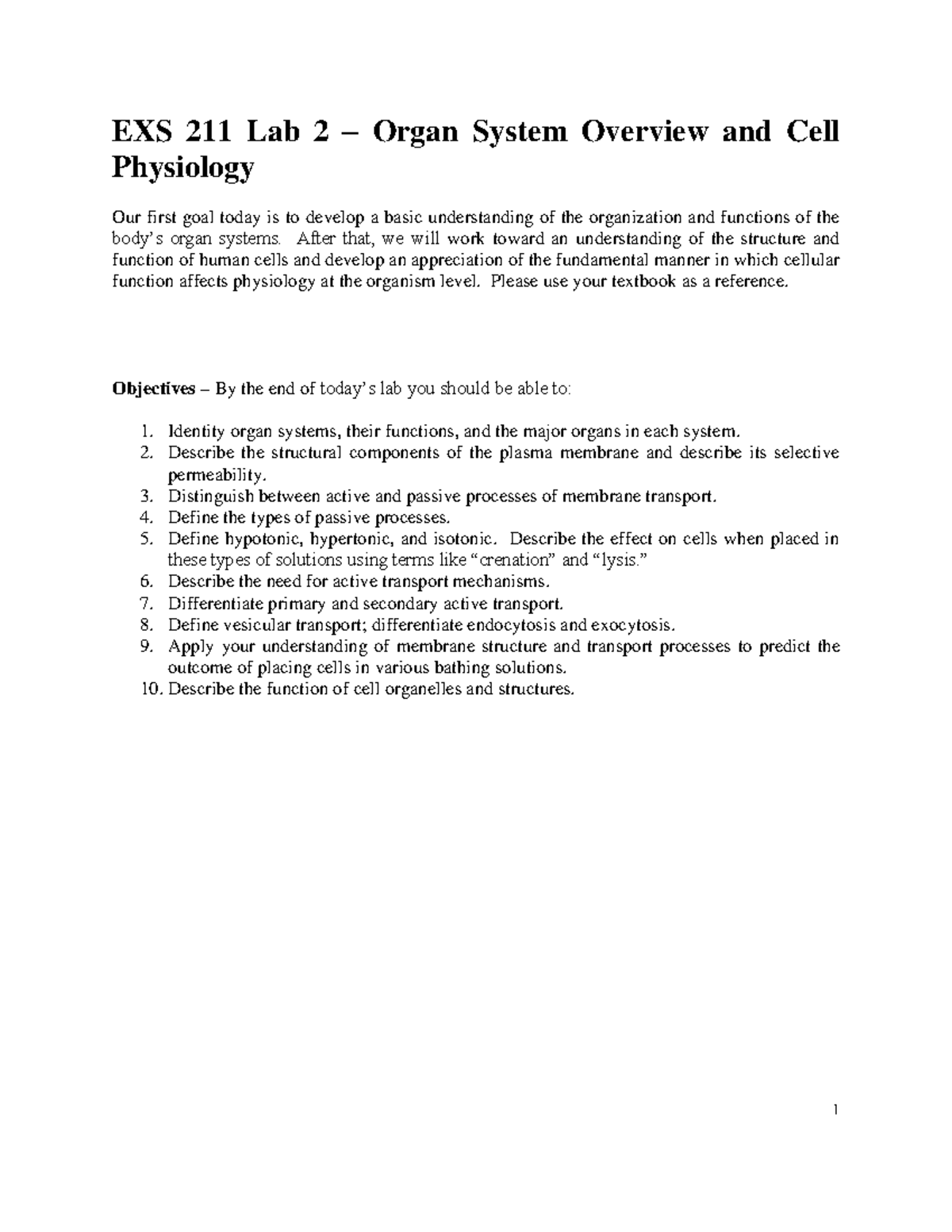 EXS 211 Lab 2: Organ Systems & Cell Physiology Overview - Studocu