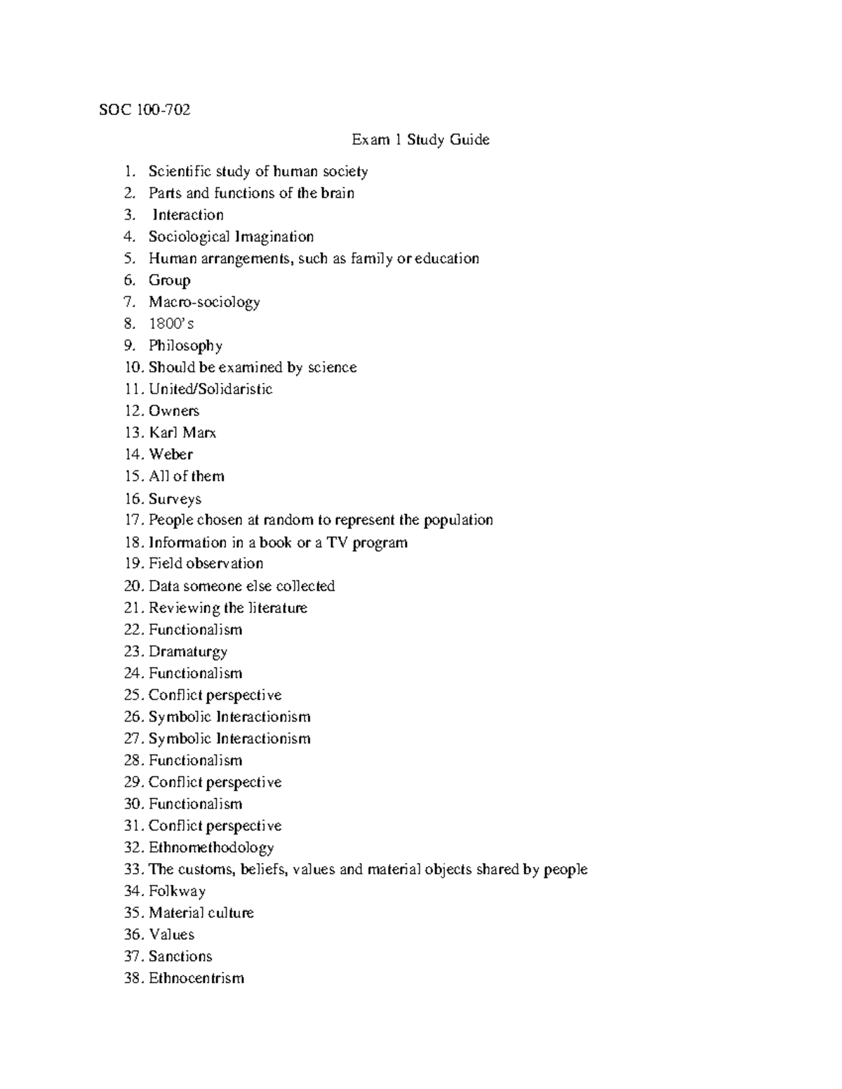 SOC 100 Midterm Exam 1 Comprehensive Study Guide - Studocu
