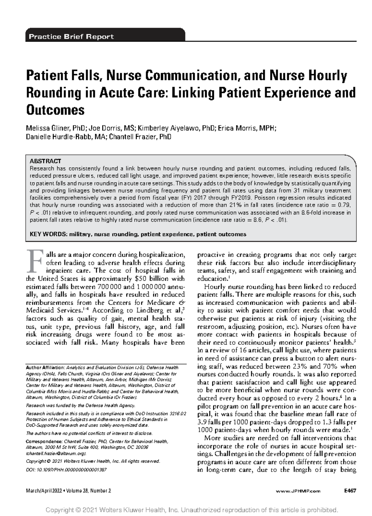 Patient Falls and Nurse Hourly Rounding in Acute Care: Linking Outcomes ...