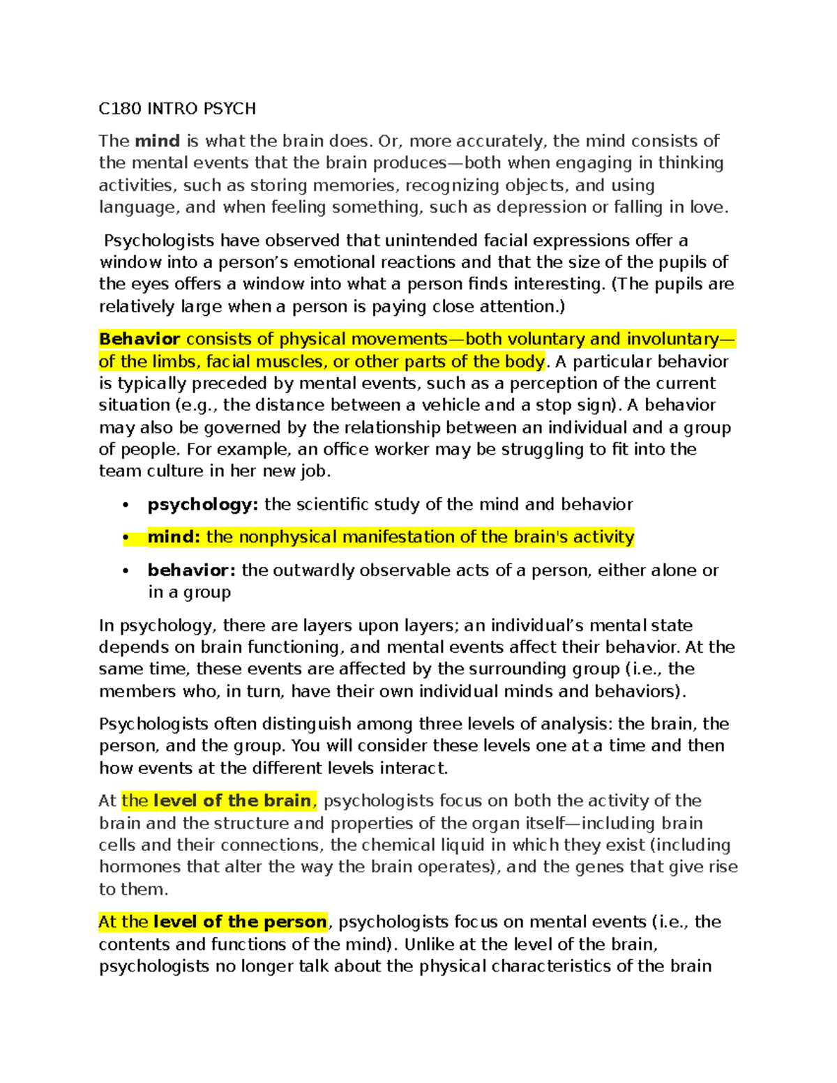 Psych 180 - Introduction to Psychology Course Notes - Studocu
