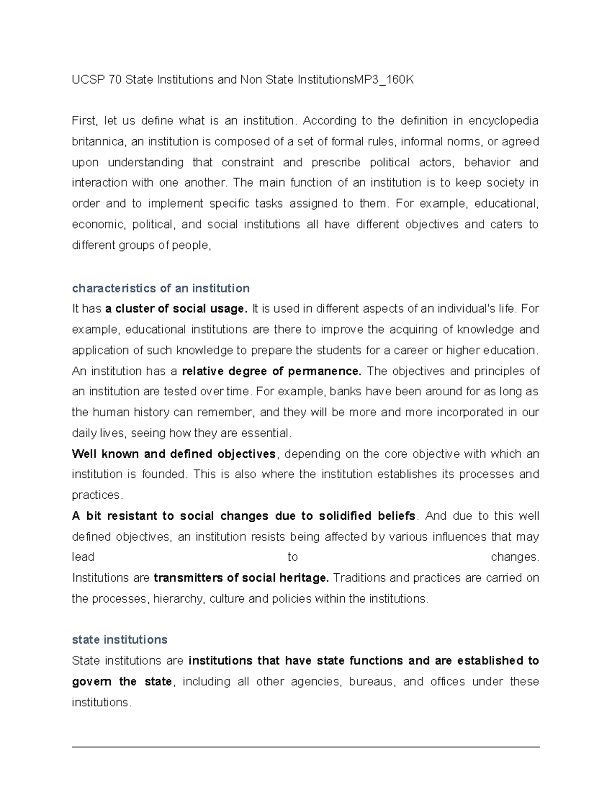 UCSP 70 State and Non-State Institutions: Understanding Their Roles ...
