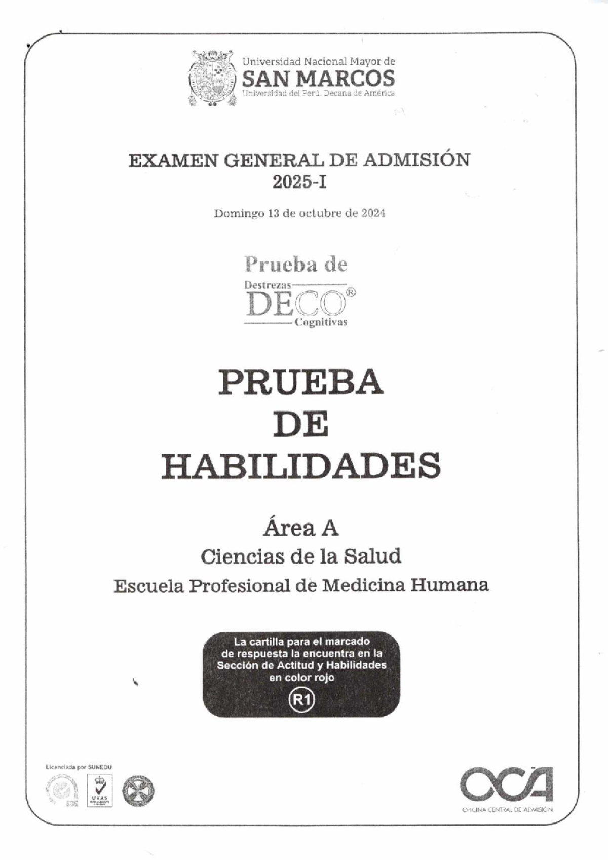 Examen General de Admisión - Área A Medicina Humana - Tipo 1 y 2 - Document Preview