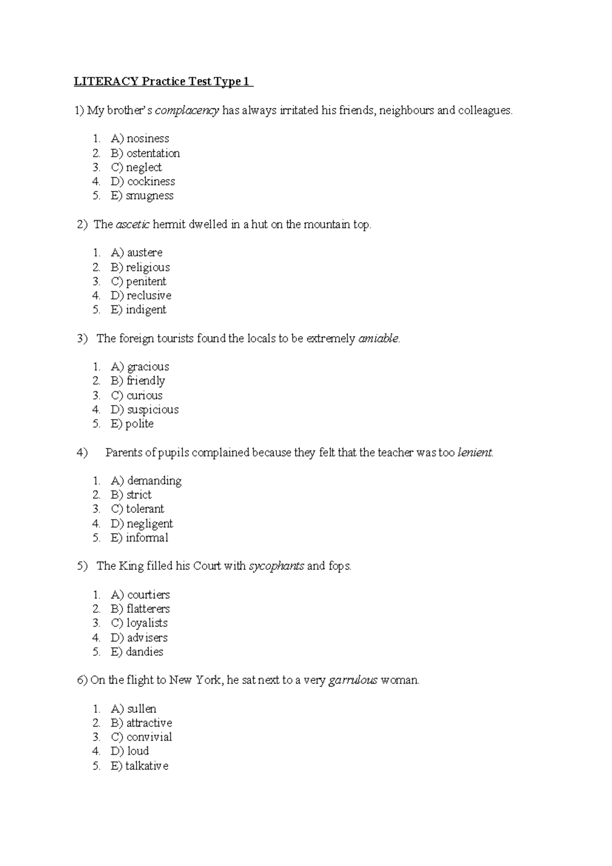 LITERACY Practice Test Type 1: Vocabulary Questions - Studocu
