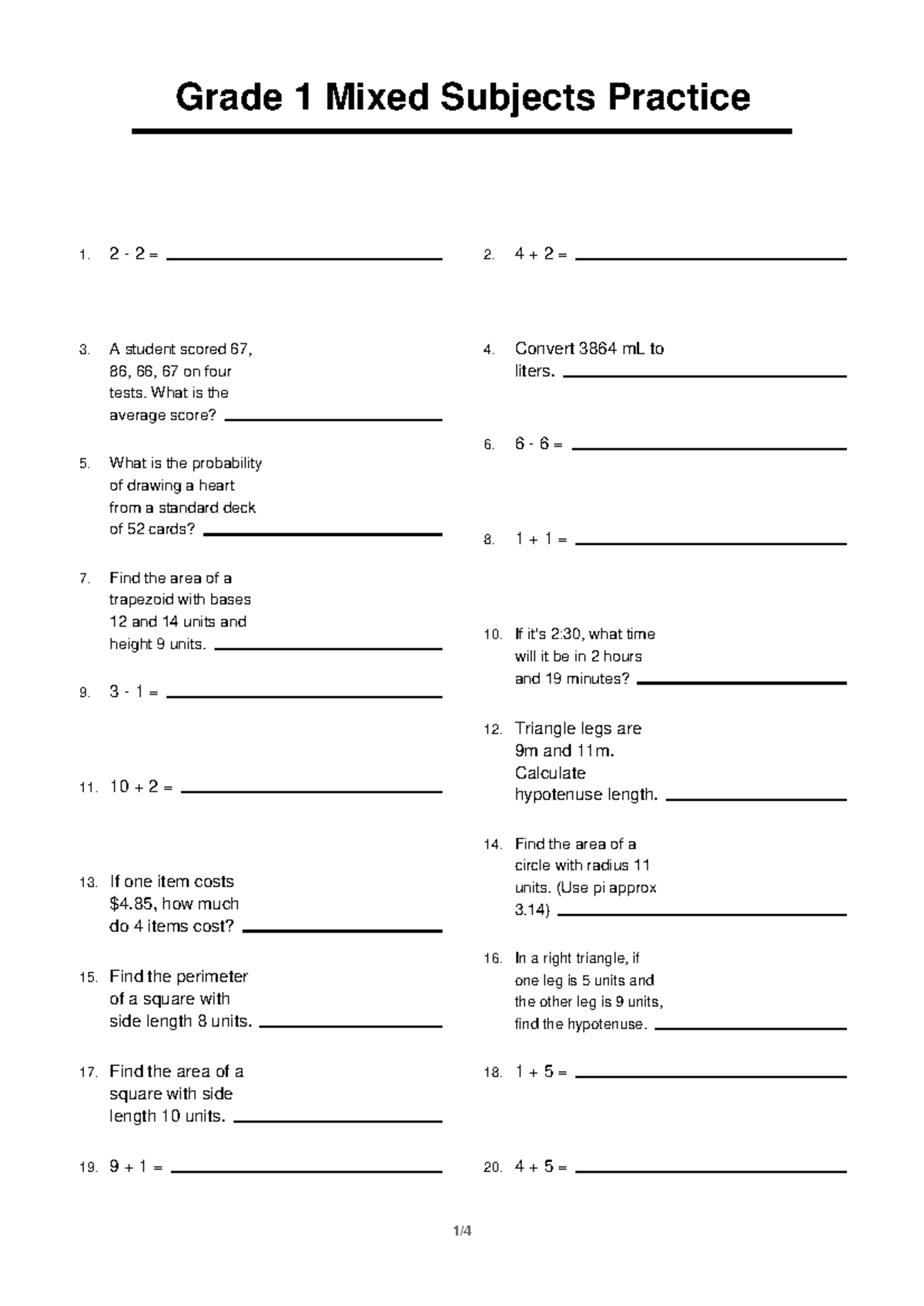 Grade 1 Mixed Subjects Practice 6: Math Skills & Concepts - Studocu