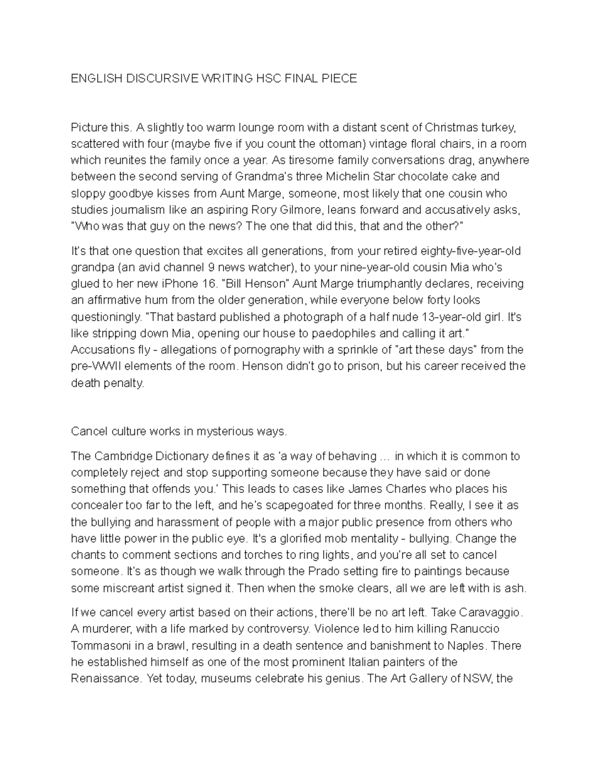 ENGLISH DISCURSIVE WRITING HSC FINAL PIECE: Ashes of Art - Studocu