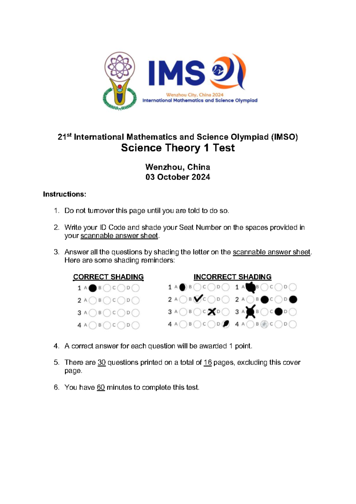 IMSO 21 - Science Theory 1 Test Overview and Instructions - Studocu