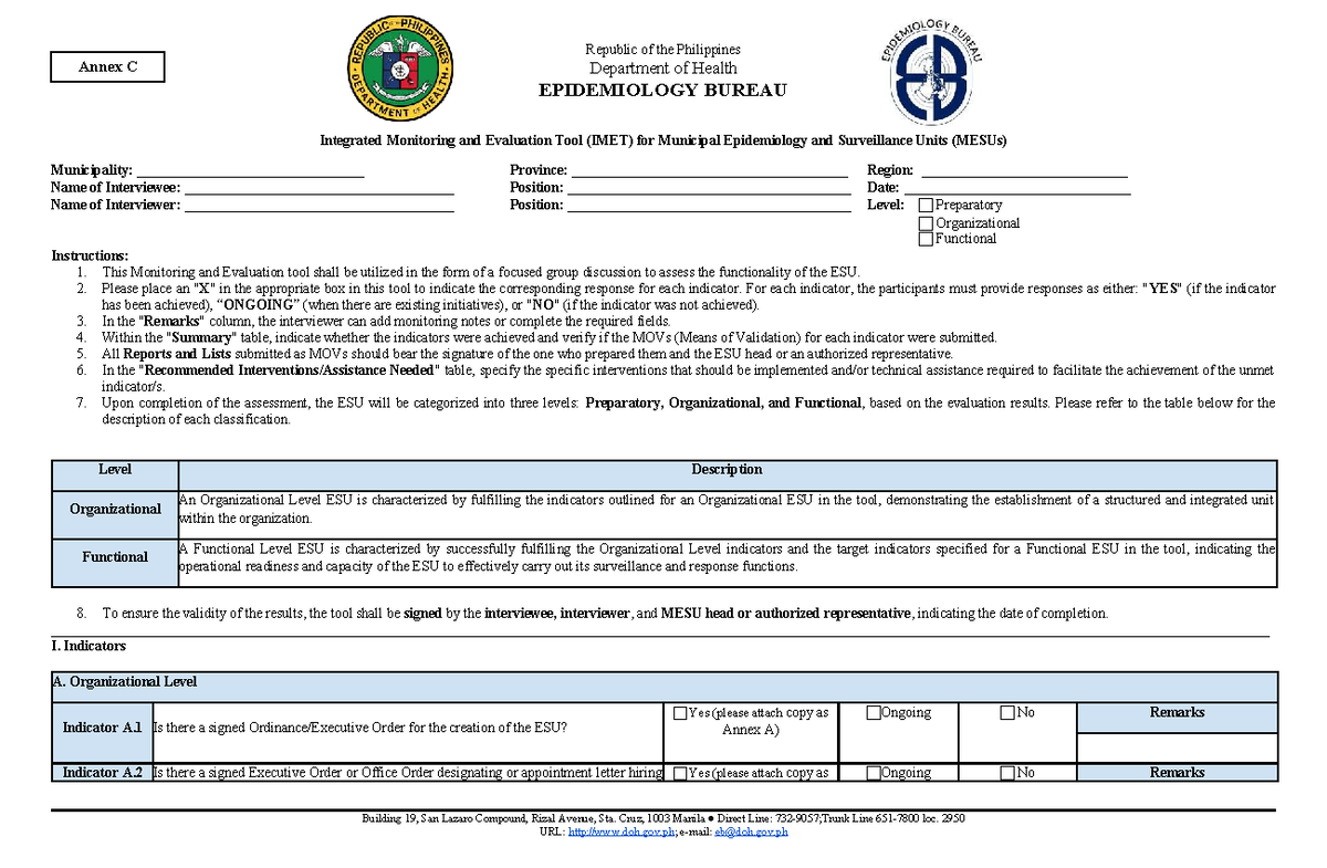 Integrated Monitoring and Evaluation Tool (IMET) for MESUs - Tubigon RHU I - Document Preview