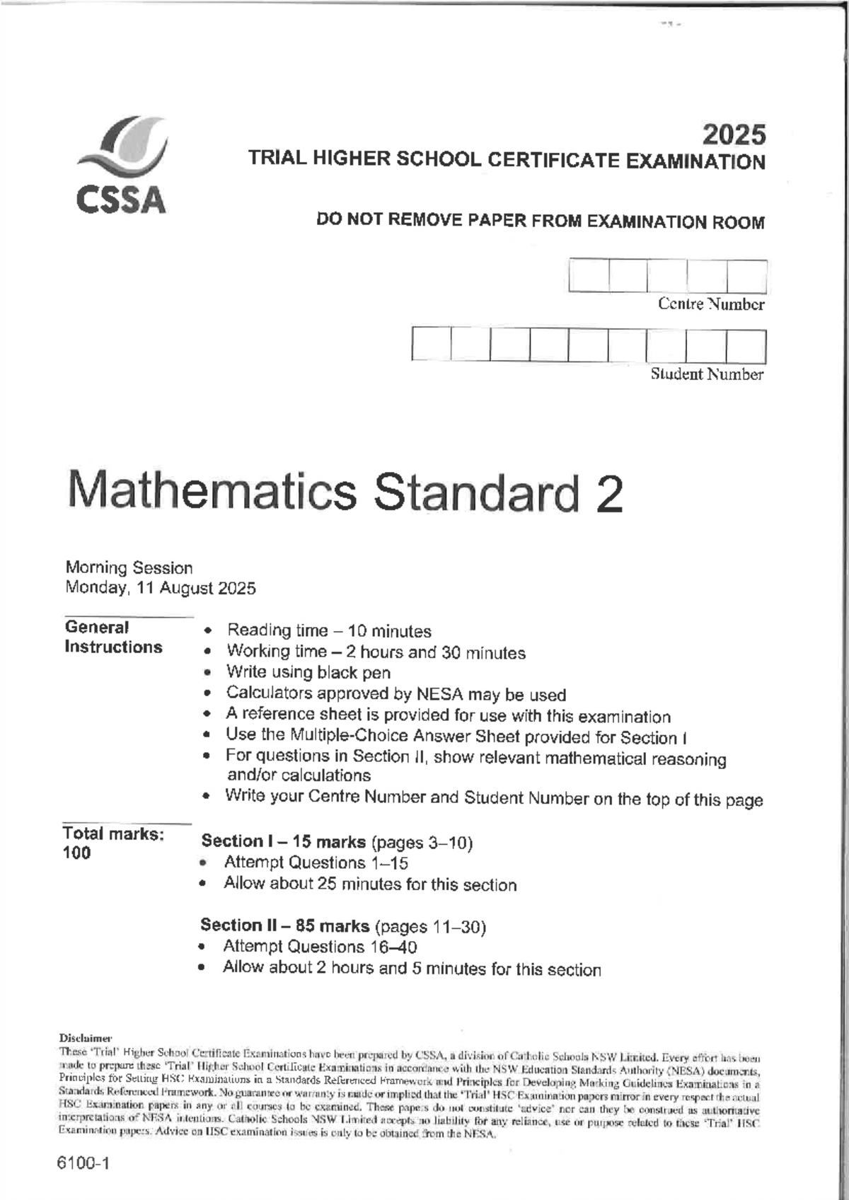 2025 CSSA Trial HSC Mathematics Standard 2 Exam Paper - Studocu