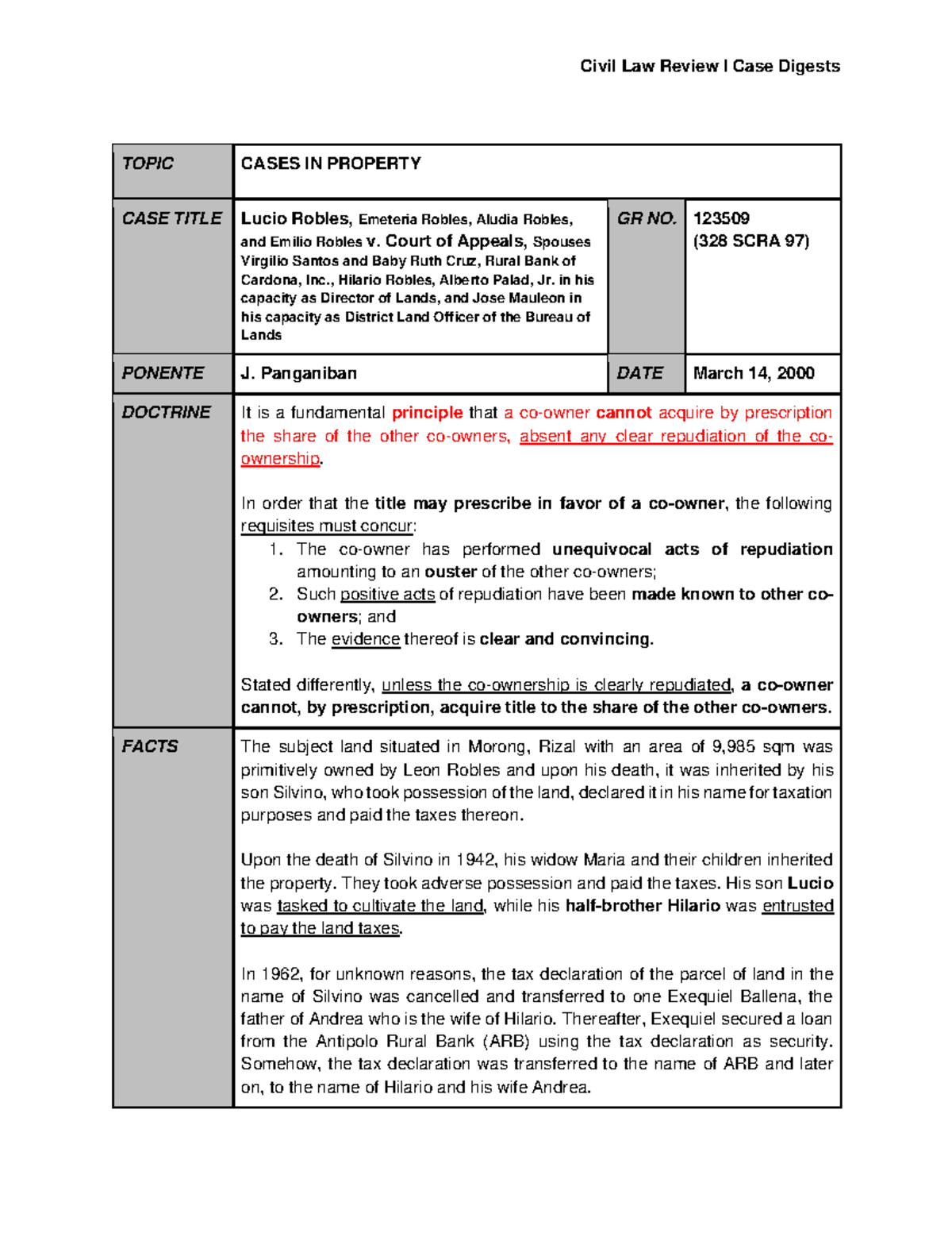 Civil Law Review I Case Digest: Robles v. CA GR NO. 123509 (328 SCRA 97 ...