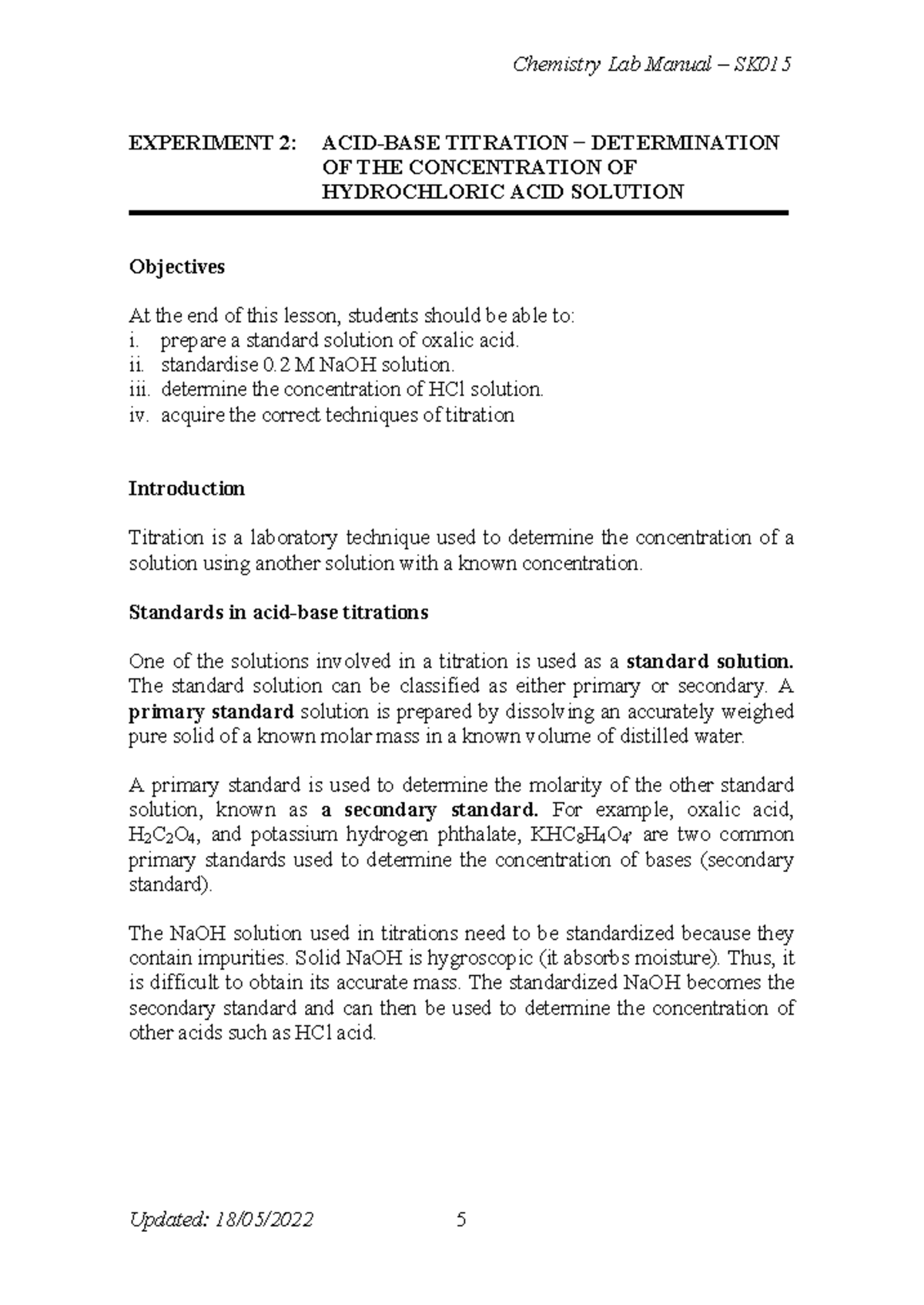 Laboratory Manual: Exp 2-1 - Acid-Base Titration of HCl Concentration ...