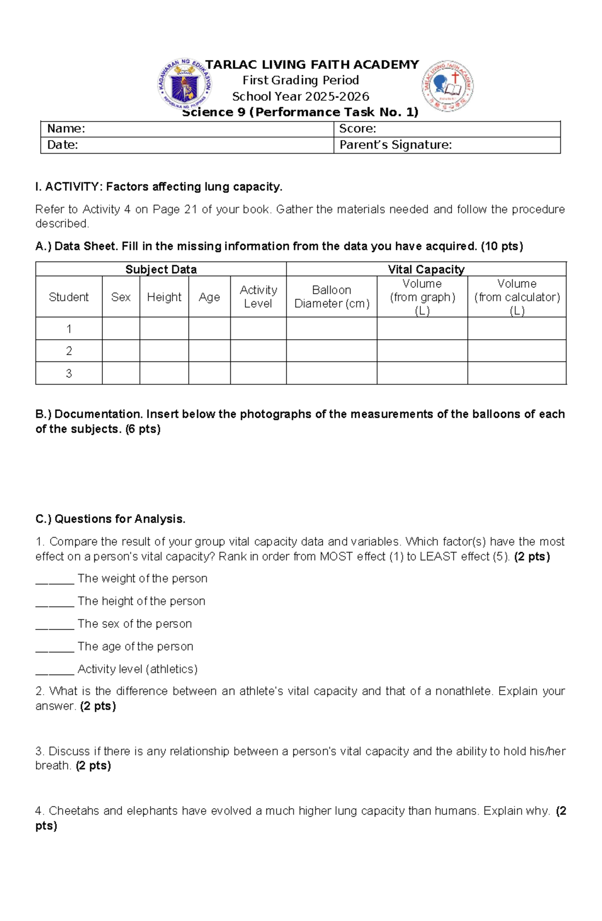 SCI9-1st Grading Period Performance Task: Lung Capacity Factors - Studocu