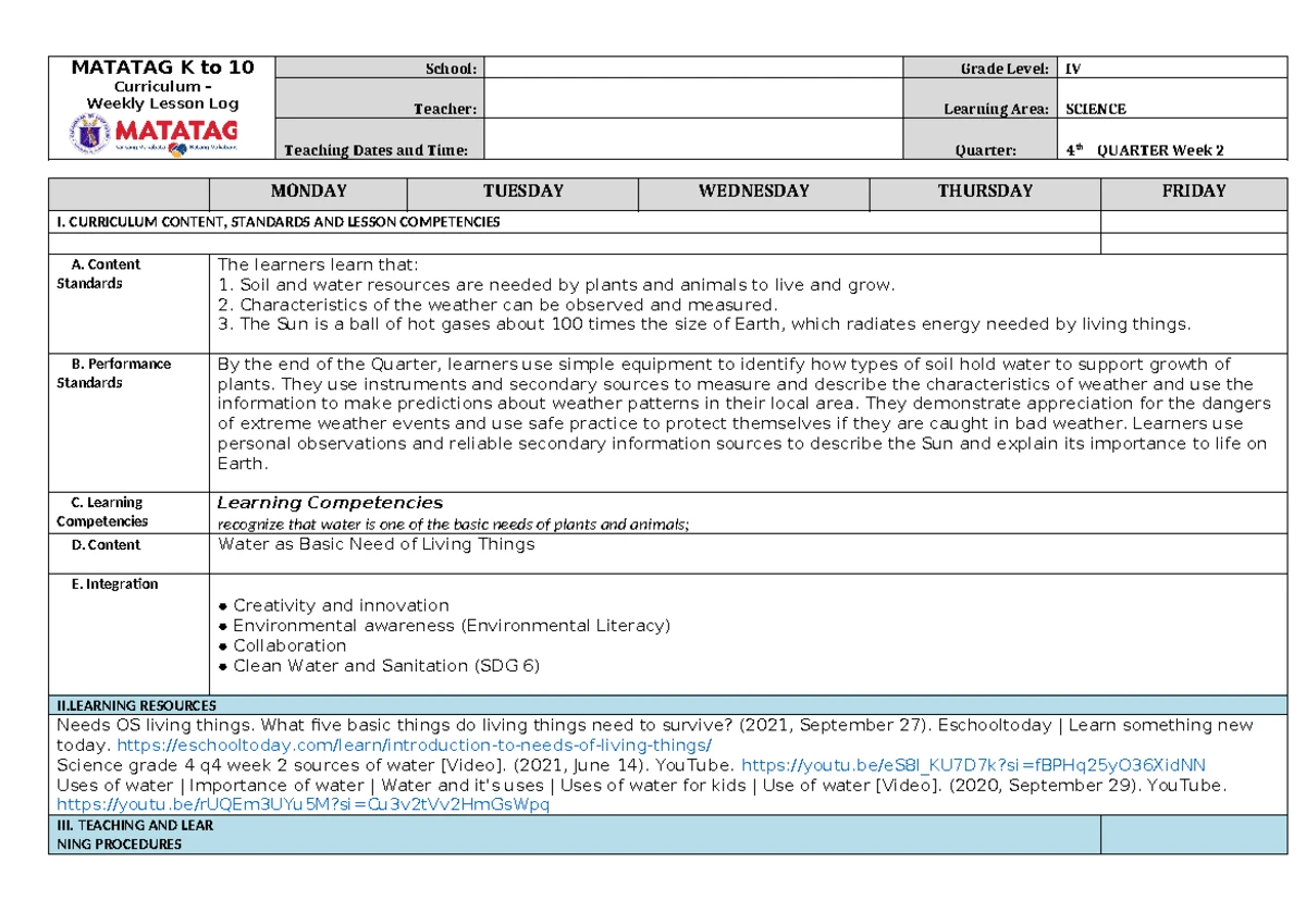 Q3 W9 Science 4 Lesson Log for MATATAG Curriculum - Studocu