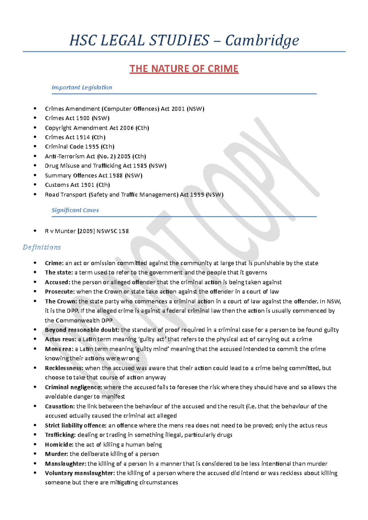 HSC Legal Studies Notes - Crime Overview and Key Concepts - Studocu