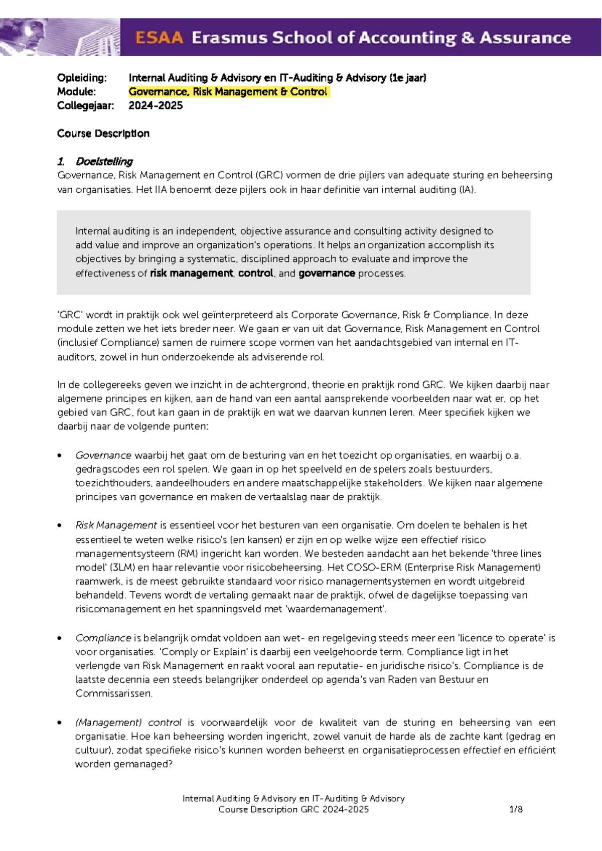 Internal Auditing & Advisory - GRC Module Course Description (2024-2025 ...