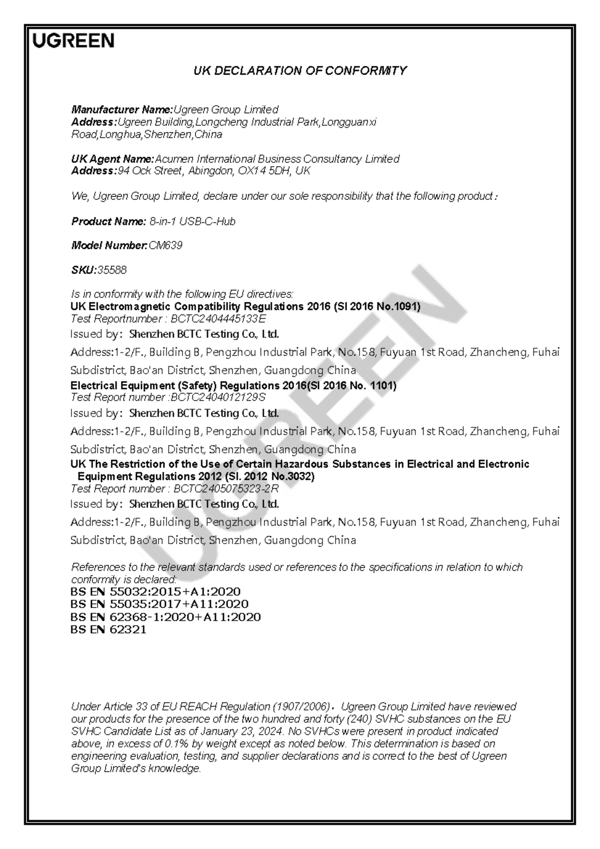 UK Declaration of Conformity for Product CM639 (SKU: 35588) - Studocu