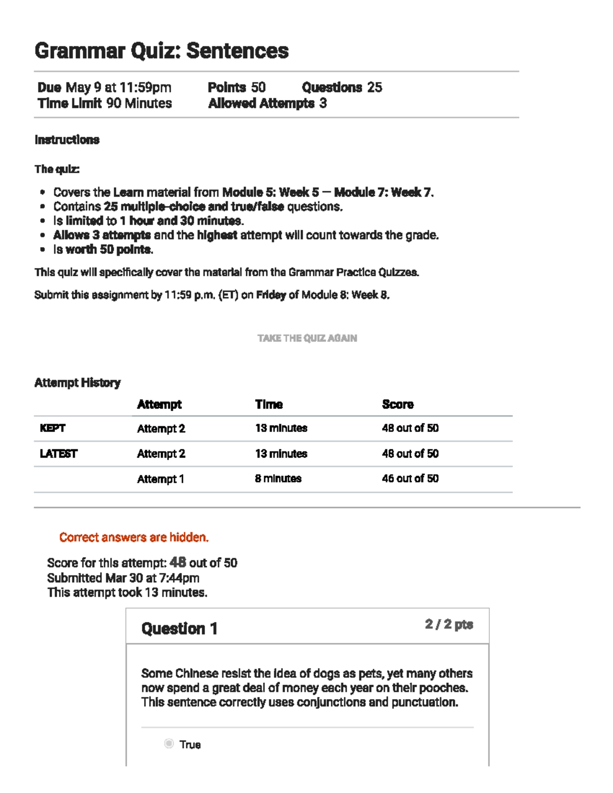 ENGL101 Week 8 Grammar Quiz Sentences 48 out of 50 - Grammar Quiz ...